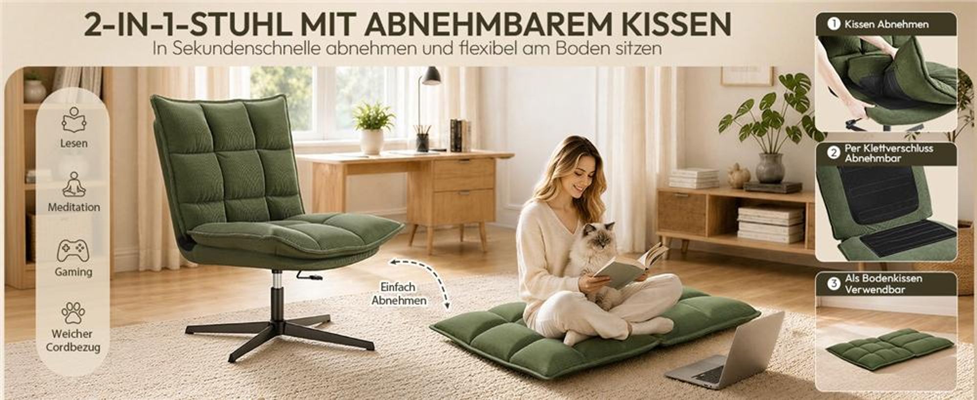 Yaheetech Bürostuhl mit breiter Sitzfläche aus Cordstoff, drehbarer Sessel Loungesessel, neigbar, höhenverstellbar, ohne Armlehnen & Rollen, Grün
