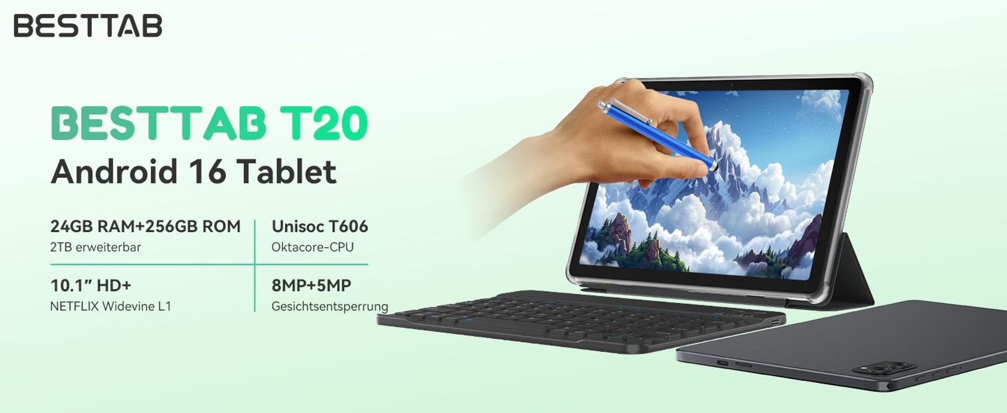 BESTTAB T20 10.1'' Android 16 Set Tablet, 24GB(8+16GB Erweiterbar) RAM+256GB ROM(2TB TF), mit Hülle/Stift/Maus/Tastatur, Widevine L1, 5G WiFi