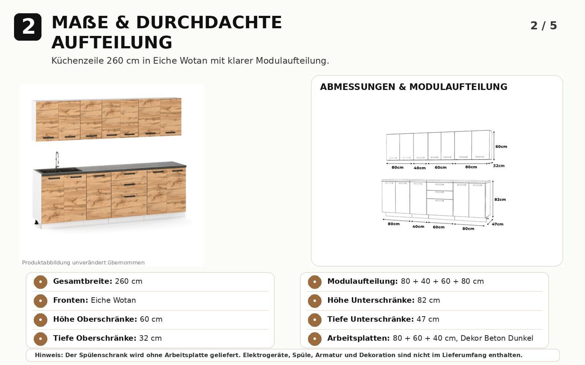 Küchenzeile 260 cm Eiche Wotan mit klarer Aufteilung, Maßen und praktischen Modulen