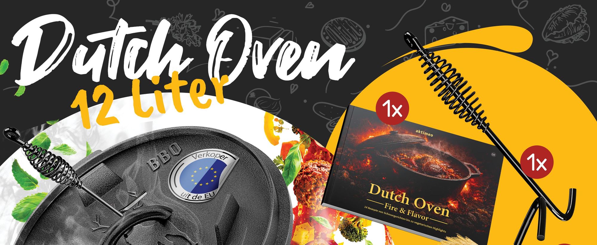 aktimeo Dutch Oven 12,0 L gietijzeren pan met deksel incl. accessoires en receptenboek
