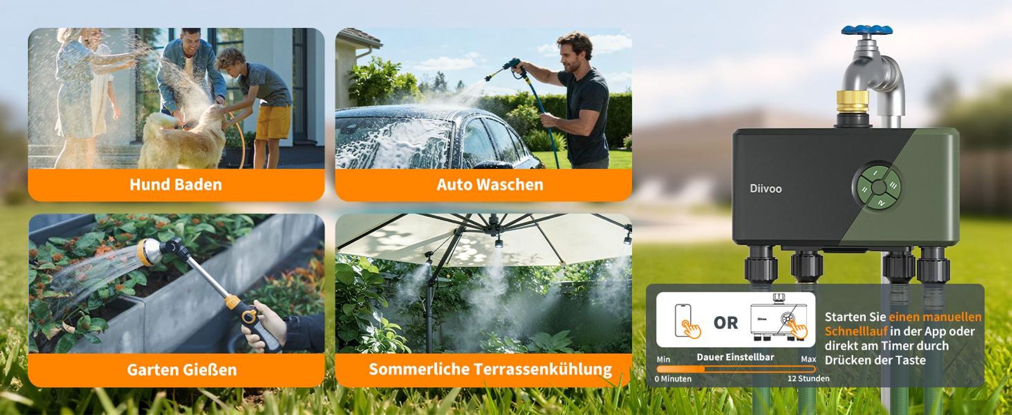 Diivoo Bewässerungscomputer 4 Ausgänge WLAN mit Smart Wasserzeitschaltuhr für Garten Rasen