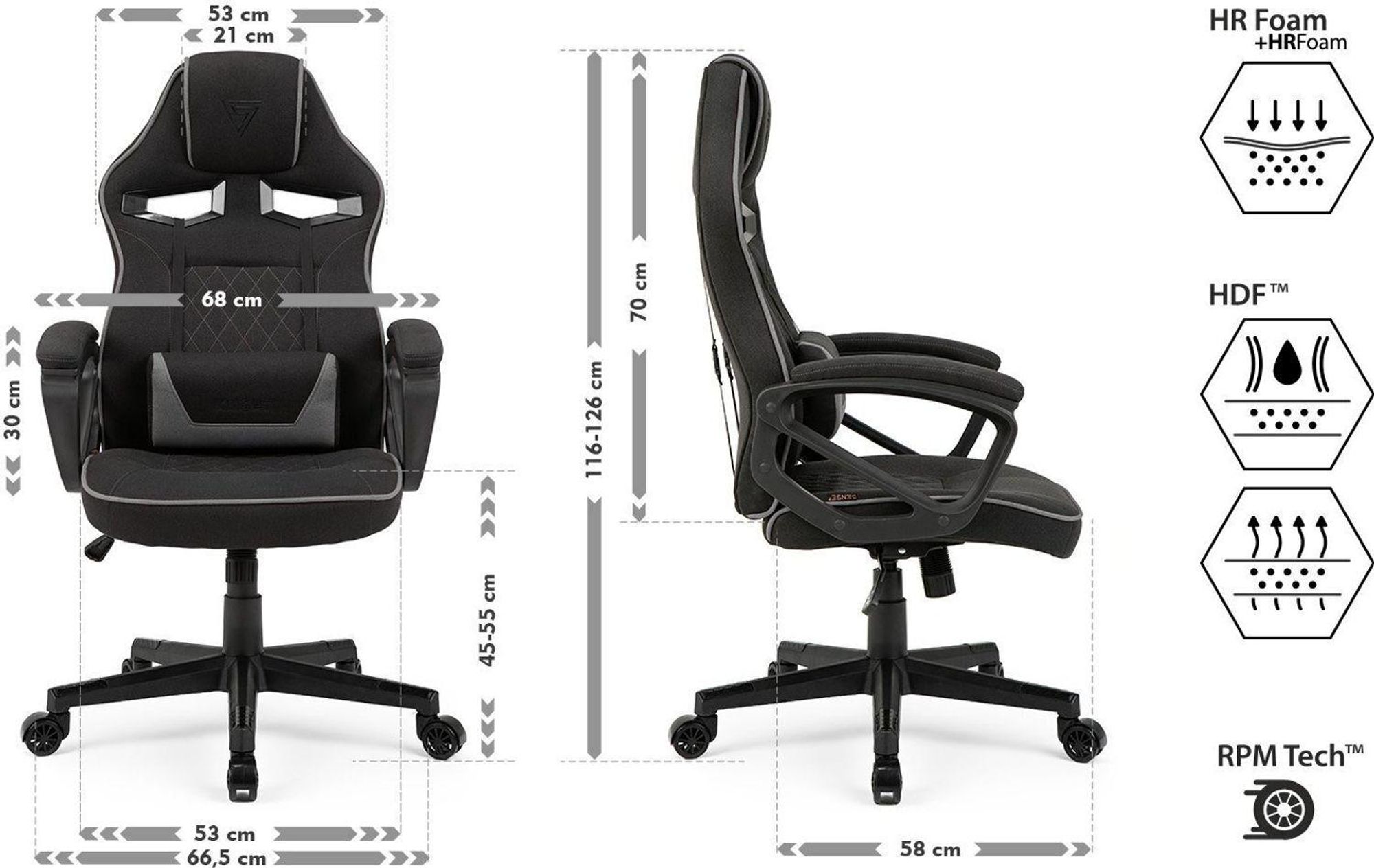 SENSE7 Knight Gaming Krzesło z tkaniny czarno-szare - Ergonomiczne krzesło biurowe Krzesło biurkowe Krzesło komputerowe Krzesło dla graczy Krzesło wyścigowe 120 kg krzesło