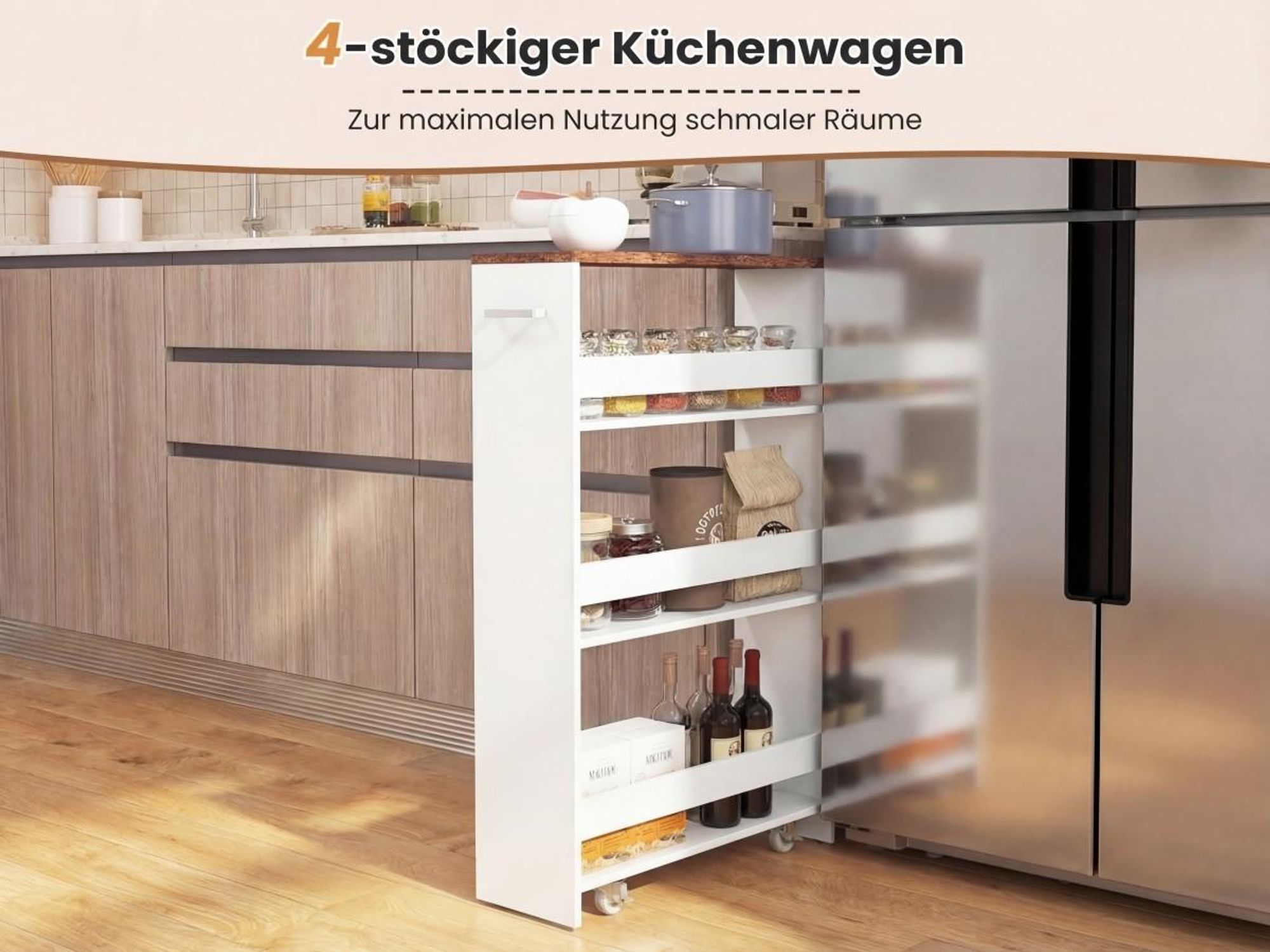 COSTWAY Nischenwagen, 4 Etagen Küchenwagen schmal, Nischenregal auf Rollen, Servierwagen mit Griff & Geländern, Badregal Holz, 47,5x20x80,5 cm, Weiß