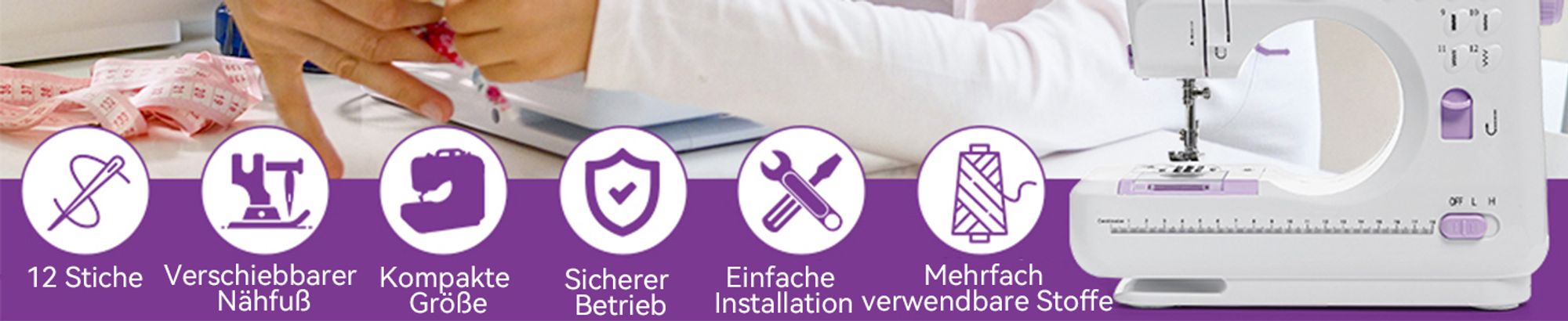 Nähmaschine, Handnähmaschine, Nähen Maschine, Strickmaschine, mit 2 Schalter und 12 Programme, Haushalt, mit 12 integrierten Sticharten, für Anfänger