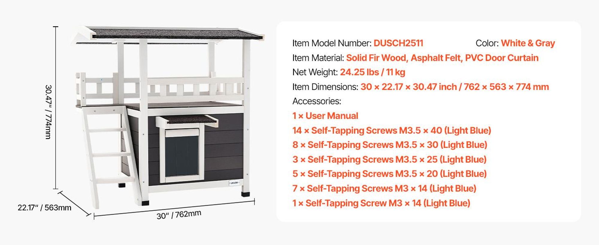 VEVOR Katzenhaus Outdoor, 2-stöckiger Katzenunterstand aus Holz mit Treppe & Balkon, erhöhte Katzenhütte, geräumiger Raum, für Haus- & Freigängerkatzen im Winter, 762x563x774 mm