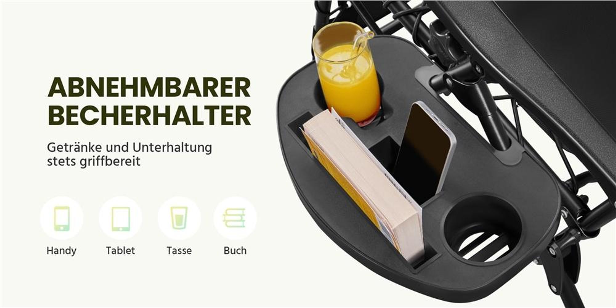 Yaheetech Klappbarer Liegestuhl mit Nackenkissen & Getränkehalter, Sonnenliege Gartenliege mit verstellbarer Rückenlehne, Schwarz