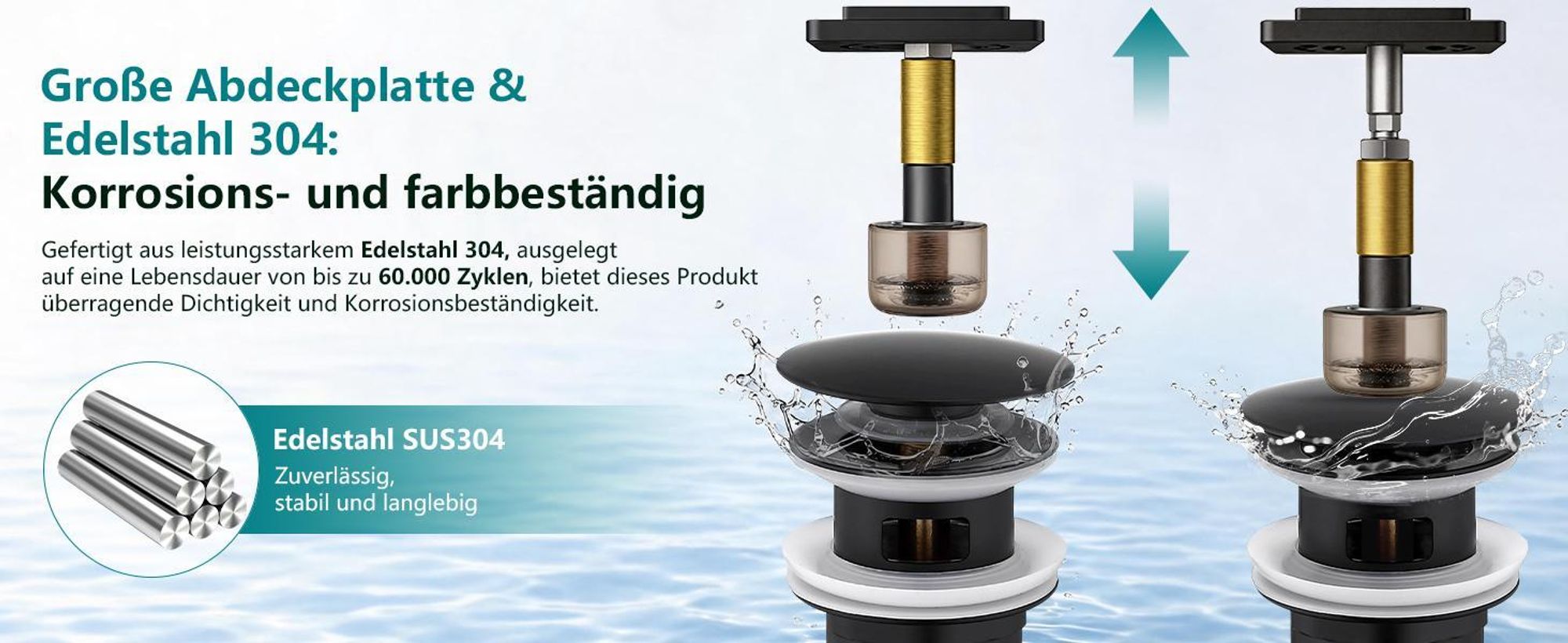 Homelody Wasserhahn Bad Schwarz Edelstahl mit Pop-Up Ablauf Edelstahl, Waschtischarmatur Badarmatur mit Ablaufgarnitur 1 1/4 Zoll Waschbecken Armatur