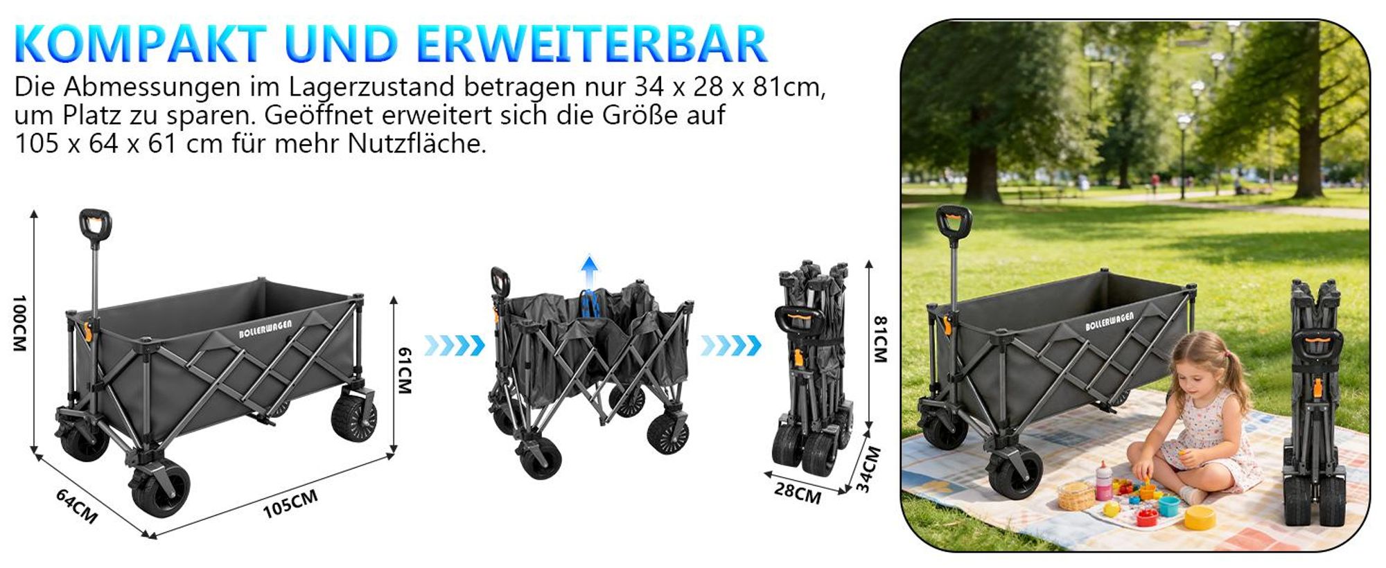 Elektrokarre Bollerwagen Akku 280L 120KG mit 50W bürstenlosem Motor Belastbar Gartenwagen mit 4.0AH Akku, 3 Gang, Faltbar Camping Strand Garten, Grau