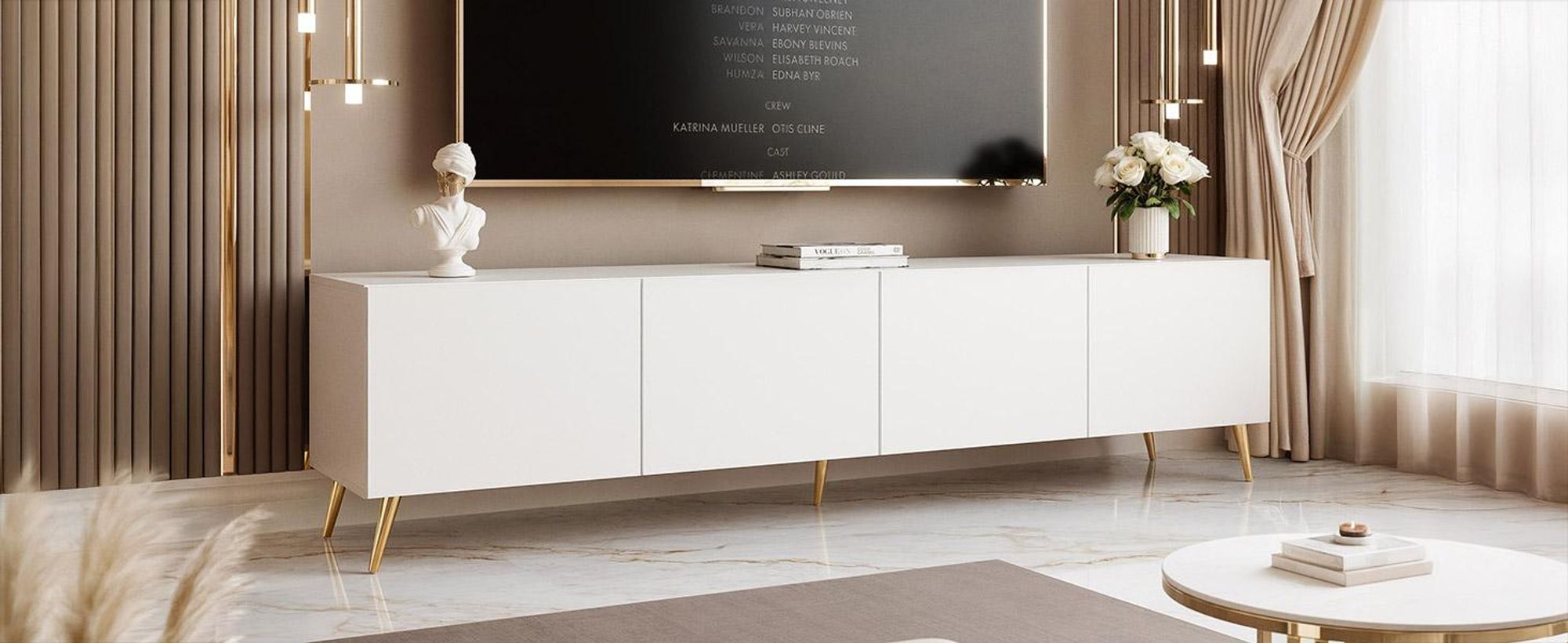 Idohome TV Lowboard Angel 200 cm Weiß Matt – TV-Schrank mit LED-Beleuchtung, Fernsehschrank auf goldfarbenen Metallbeinen, Medienmöbel, Push-to-Open