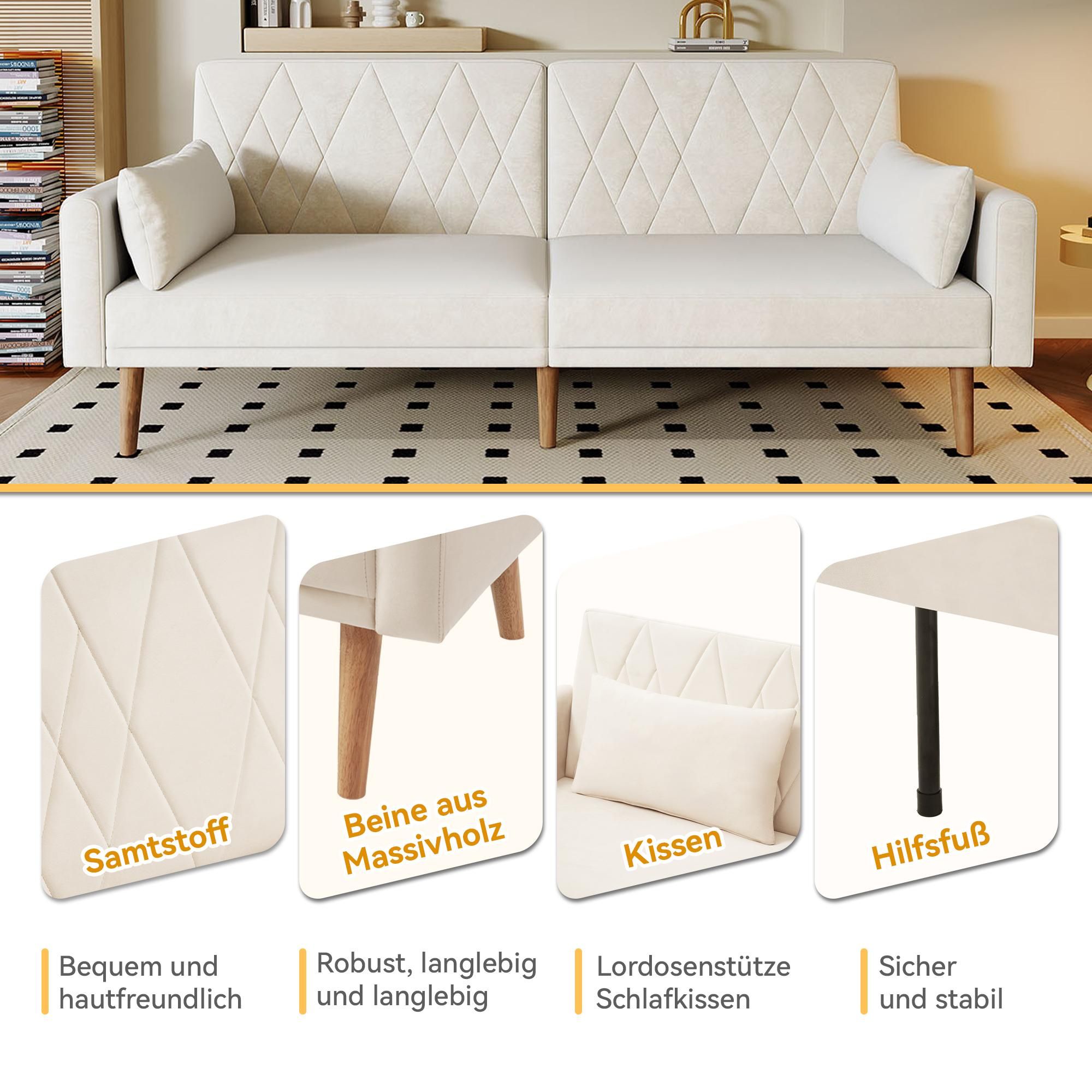 Merax Schlafsofa, Zweisitzer Sofa mit Schlaffunktion, verstellbare Rückenlehne & Armlehnen, 2 Kissen, Couch, Bettsofa, Wohnzimmersofa, Samt, Beige
