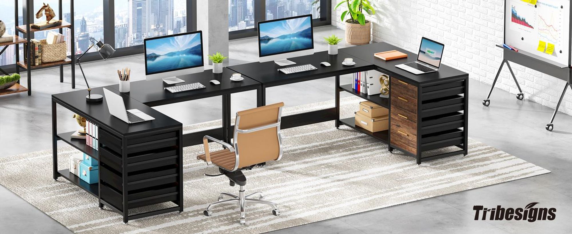 Tribesigns L-förmiger Schreibtisch mit Schubladen, 150 cm Eckschreibtisch mit Regalen, umkehrbarer L-förmigerBüro Arbeitstisch, HomeOffice, Schwarz
