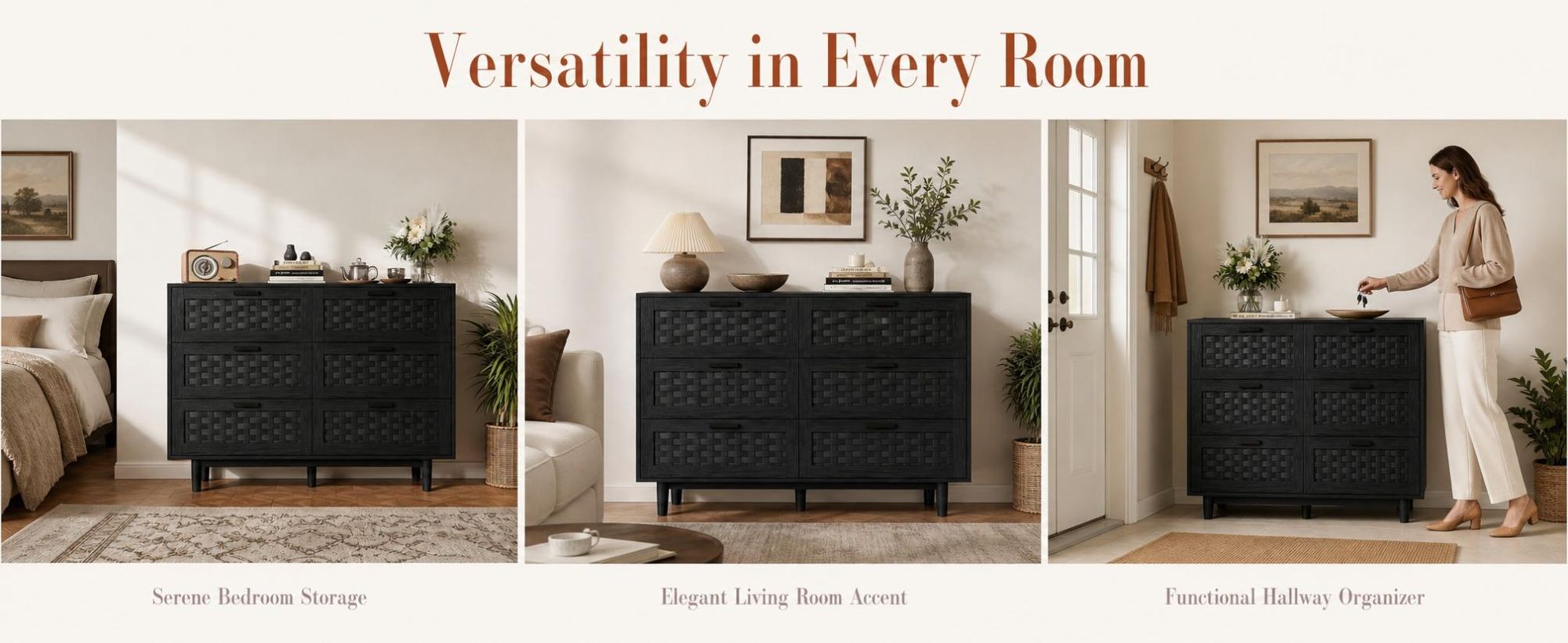 INONEFT Kommode mit Rattan-Geflecht 6 Schubladen, Sideboard, Komode, Schubladenschrank, Vorratsschrank, Schwarz H80cm B115cm T40cm