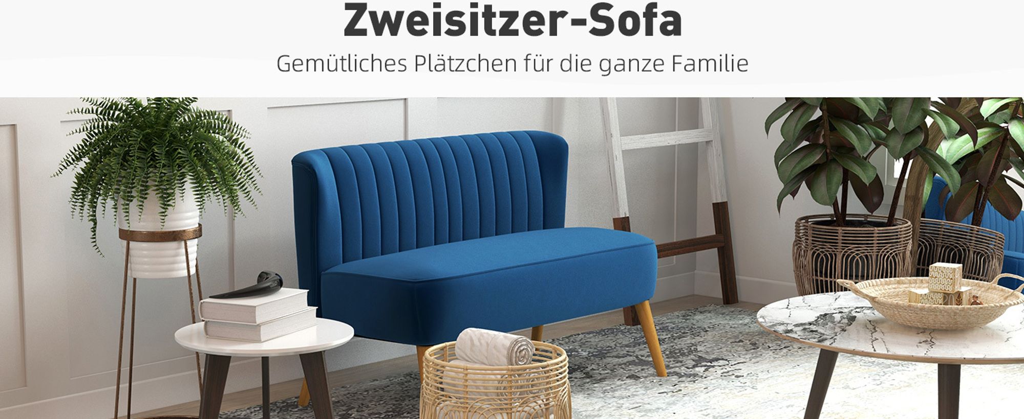 HOMCOM 2-Sitzer Sofa Zweisitzer, Loveseat mit Leinenoptik, Holzbeine, Blau