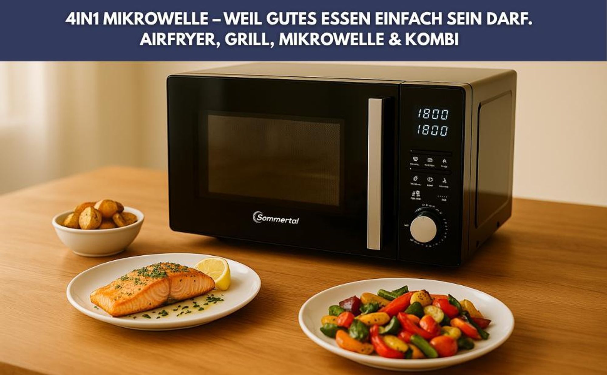 Sommertal 4in1 Mikrowelle MW2200 25L - Touch, Grill, Heißluft, 8 Programme, 60 Min Timer, Kindersicherung, Express-Start, Rost, Crisp-Pfanne