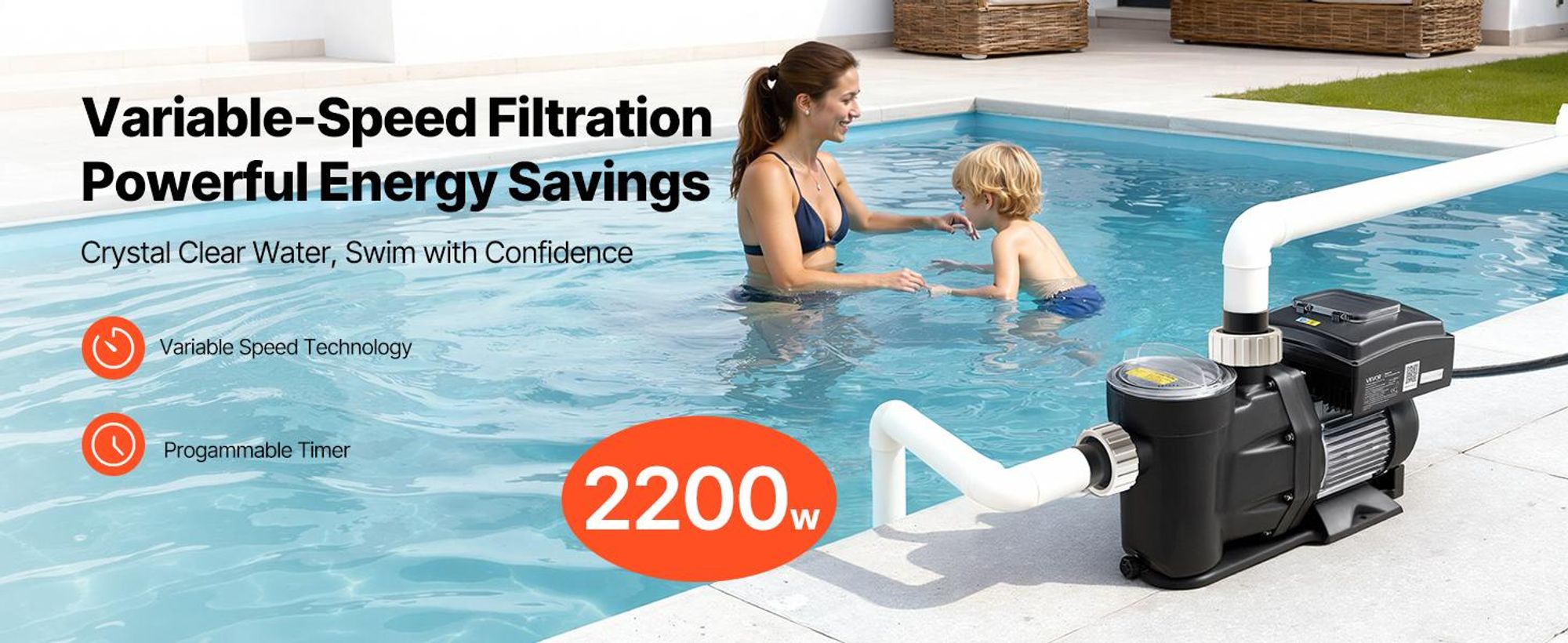 VEVOR Variabler Geschwindigkeits-Poolpumpe, 1650W, AC 220-240V, 33.000 L/H, In-/Über-Boden-Poolpumpe mit Filterkorb, Leistungsstarke Selbstansaugung, Programmierbarer Timer, für eingelassene und aufgestellte Schwimmbecken