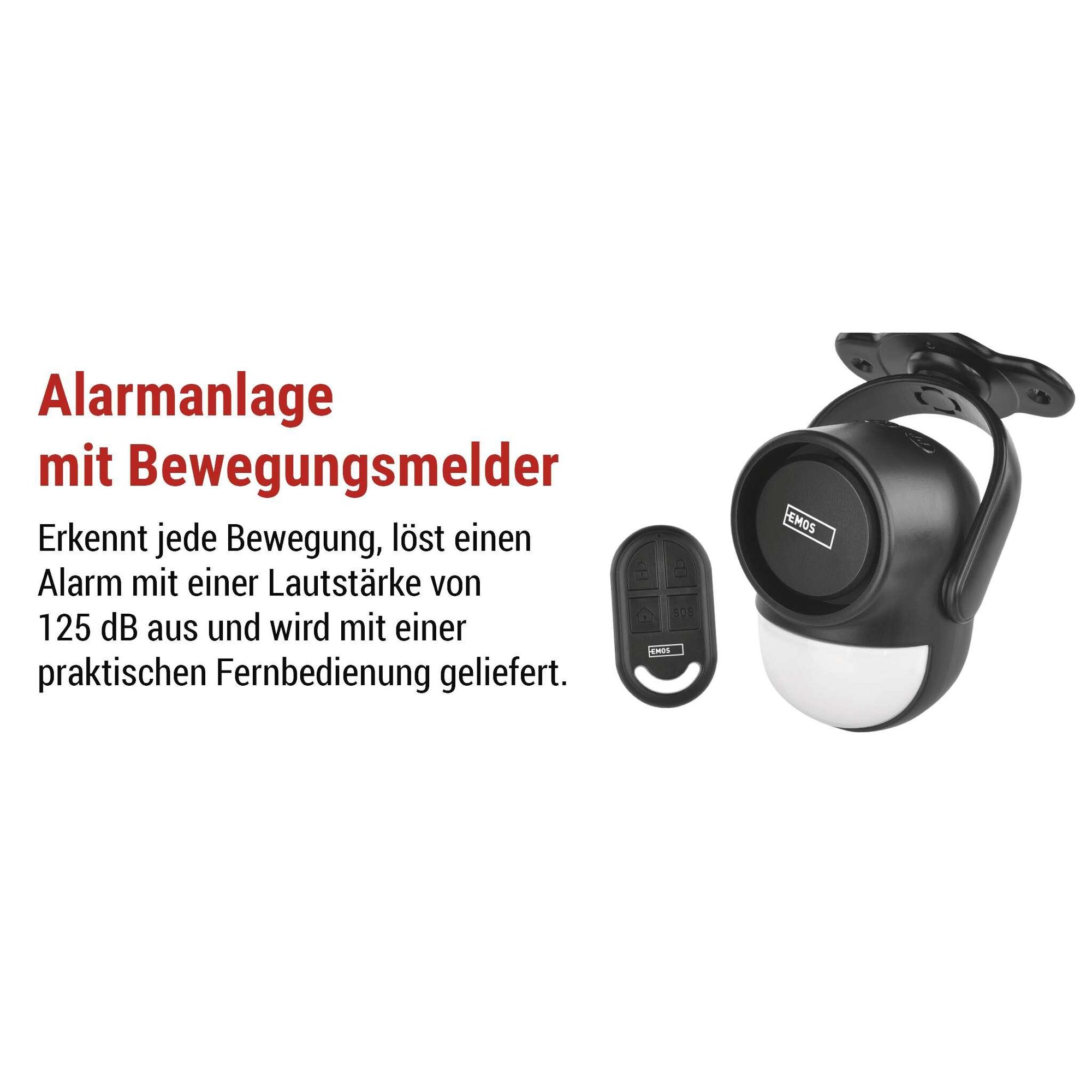 EMOS PIR Bewegungsmelder-Alarm mit 125 dB Sirene, Dual-Betrieb, 1x Fernbedienung, Anti-Diebstahl Alarmanlage für Zuhause, Geschäft, schwarz, H8106