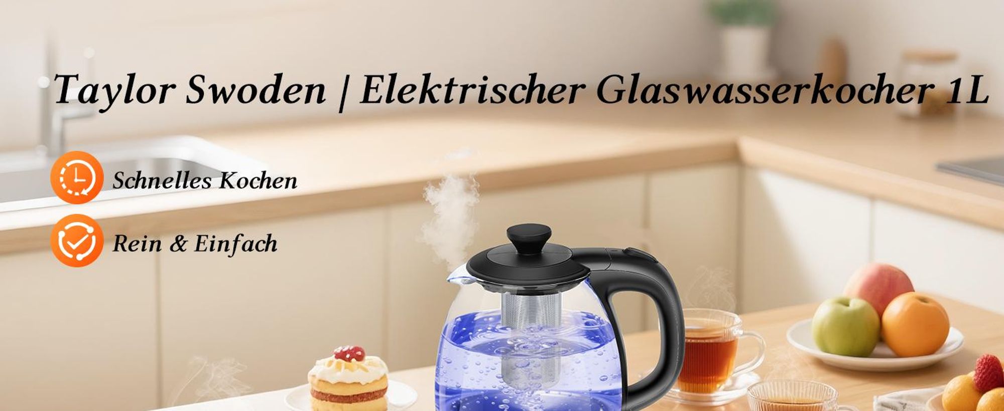 Taylor Swoden Wasserkocher Klein,1 Liter Wasserkocher Glas Led, 2200W Electric Kettle, Warmhaltefunktion