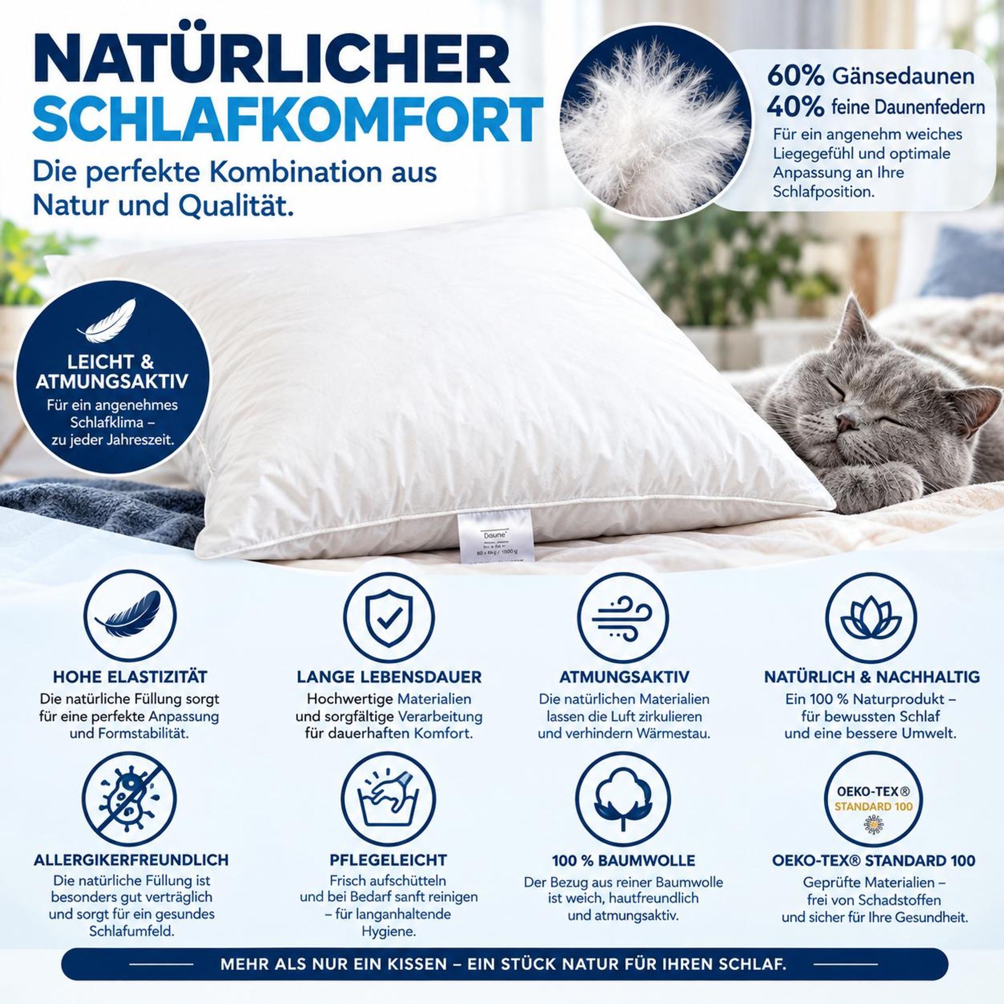 1-er Set | Kopfkissen 80x80 cm | Füllung: 1500 Gramm Daunen | 100% Natur Kissen | Bezug: 100% Baumwolle | Daunenkissen 80 x 80 cm