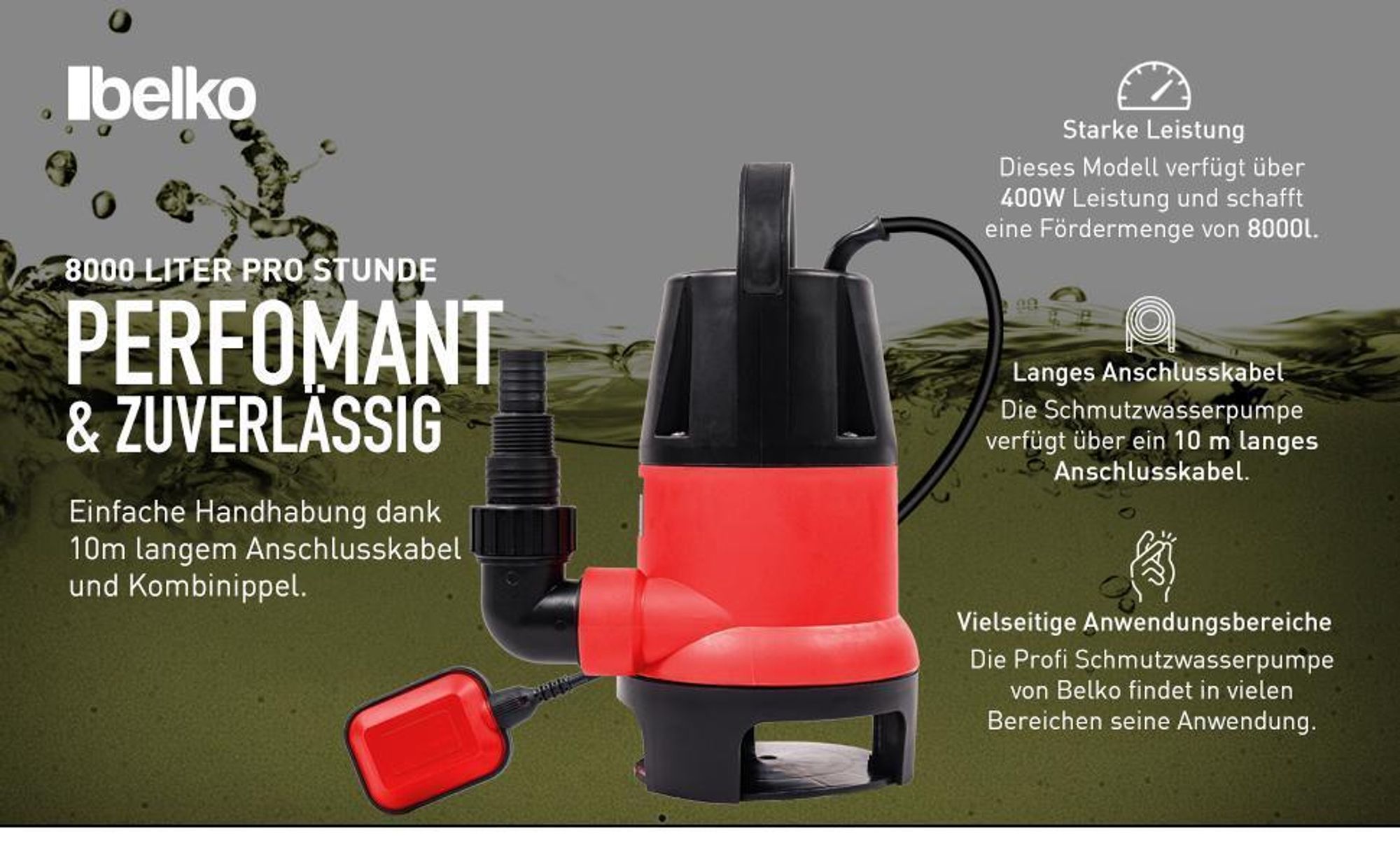 Belko® Schmutzwasserpumpe 850W 15000 l/h Tauchpumpe Pumpe Garten mit Schwimmer Brunnenpumpe