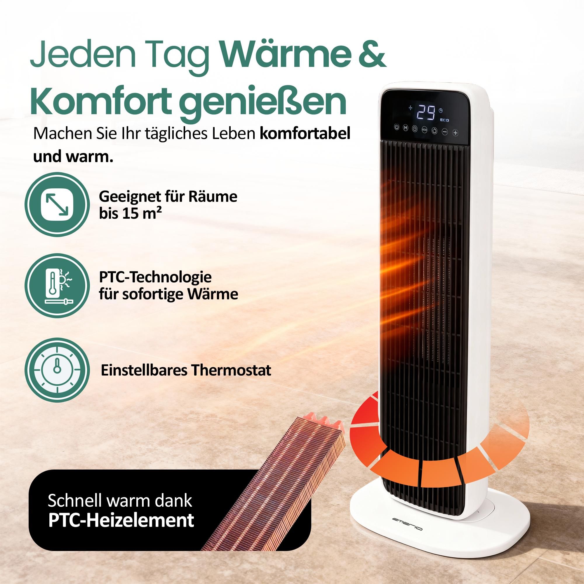 Emerio PTC-Heizlüfter FH-132333 - 15 m² - 2 Heizstufen - Einstellbares Thermostat - Oszillierend - Touch - Timer - Fernbedienung - Schwarz/Weiß