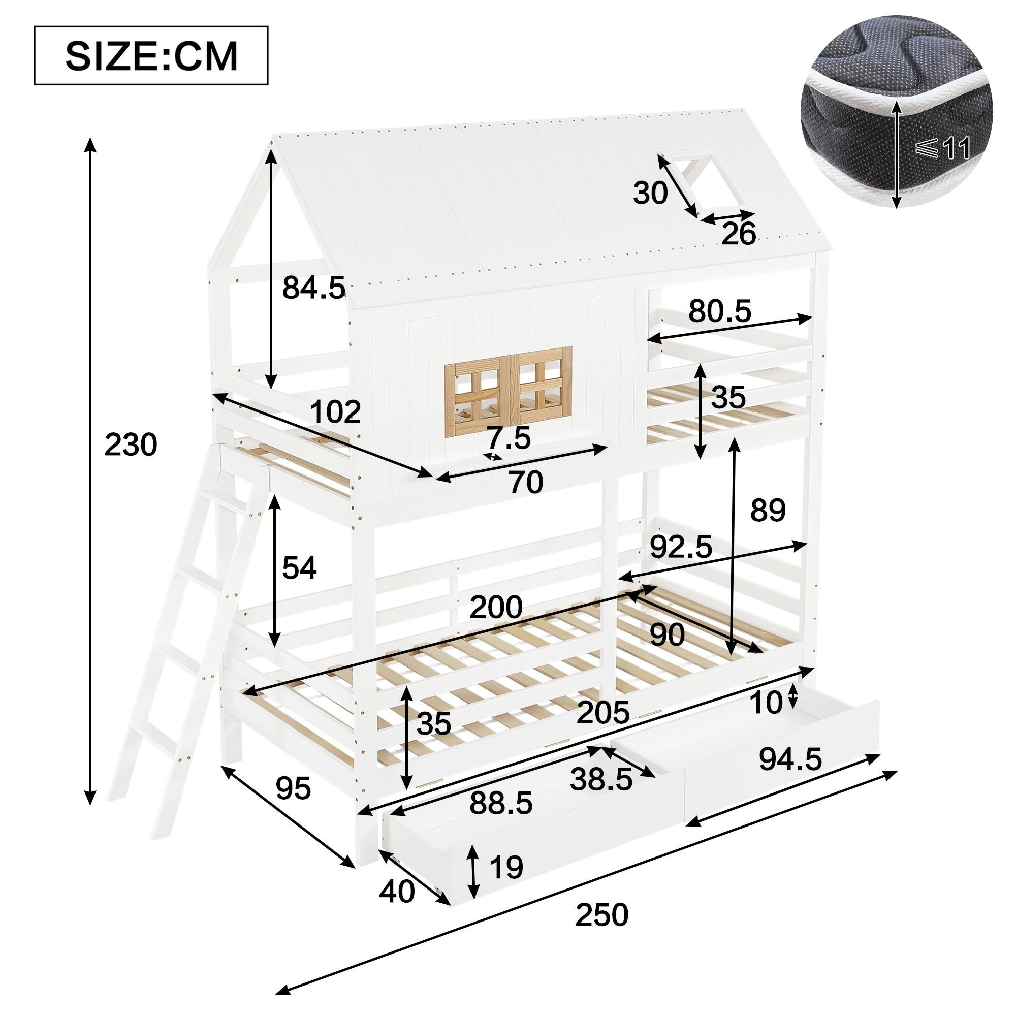 Flieks Etagenbett 90x200cm mit 2 Schubladen, Kinderbett Hausbett mit Fenster und Dach, Kinder Hochbett mit Leiter und Lattenrost für 2 Kinder, Weiß
