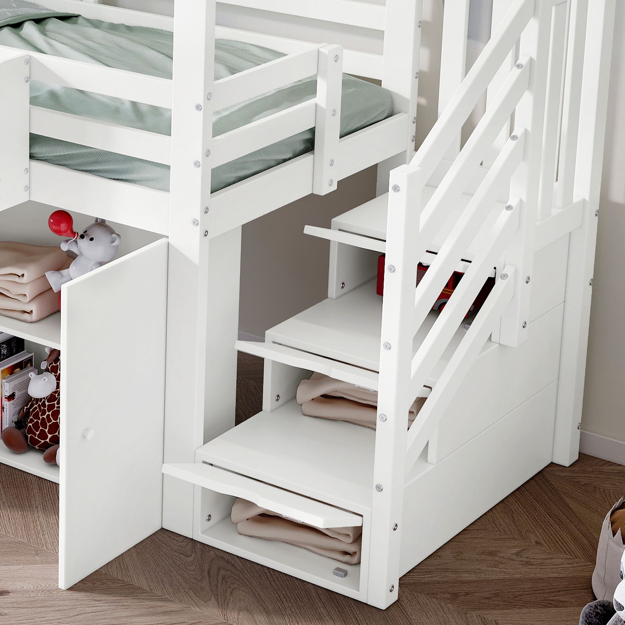 Flieks Etagenbett 90x200cm mit Schrank, Kinderbett Hausbett mit Bettvorhang, Hochbett mit Treppe und Schubladen, Stockbett Holzbett, Weiß
