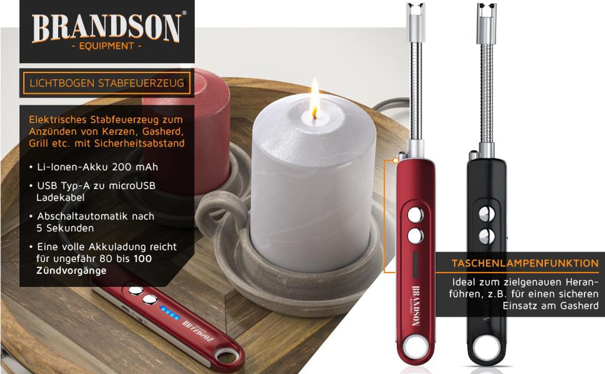 Brandson Lichtbogen Stabfeuerzeug 2er Set, Akku 200 mAh, Micro-USB, Taschenlampe