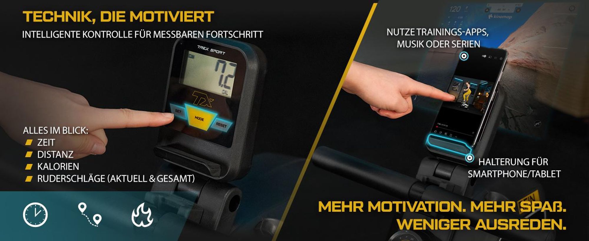 TREX SPORT Rudergerät klappbar für zuhause TX-580RM REIN | Rudermaschine mit Magnet-Widerstand 16 Stufen, 9kg Schwungmasse | mit LCD-Display bis 130kg