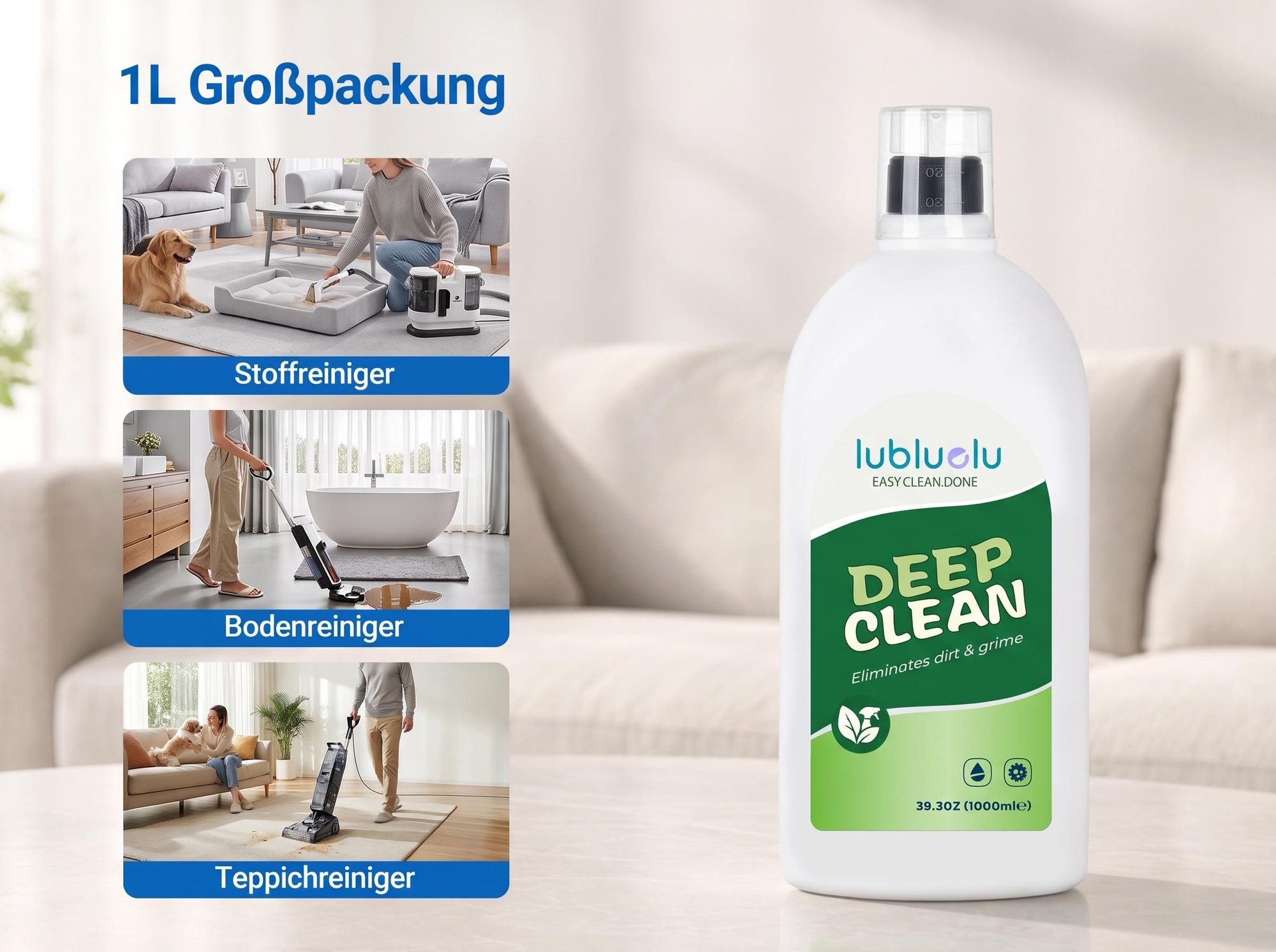 Lubluelu 1L Konzentrat Schaumarmes Reinigungsmittel für Waschsauger & Polsterreiniger, für Sofas, Teppiche & Autositze, passend für V2, V6, V11