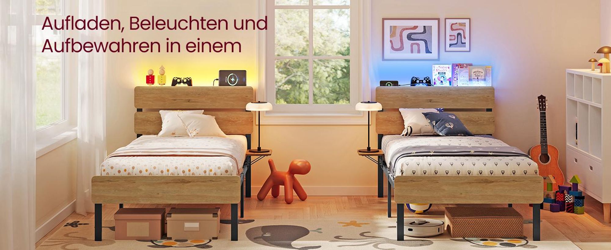 VASAGLE Einzelbettgestell, Bett, 90 x 200 cm, Metallrahmen, LED-Beleuchtung, USB-A- und USB-C-Anschluss, Unterbettaufbewahrung, Industrie-Stil