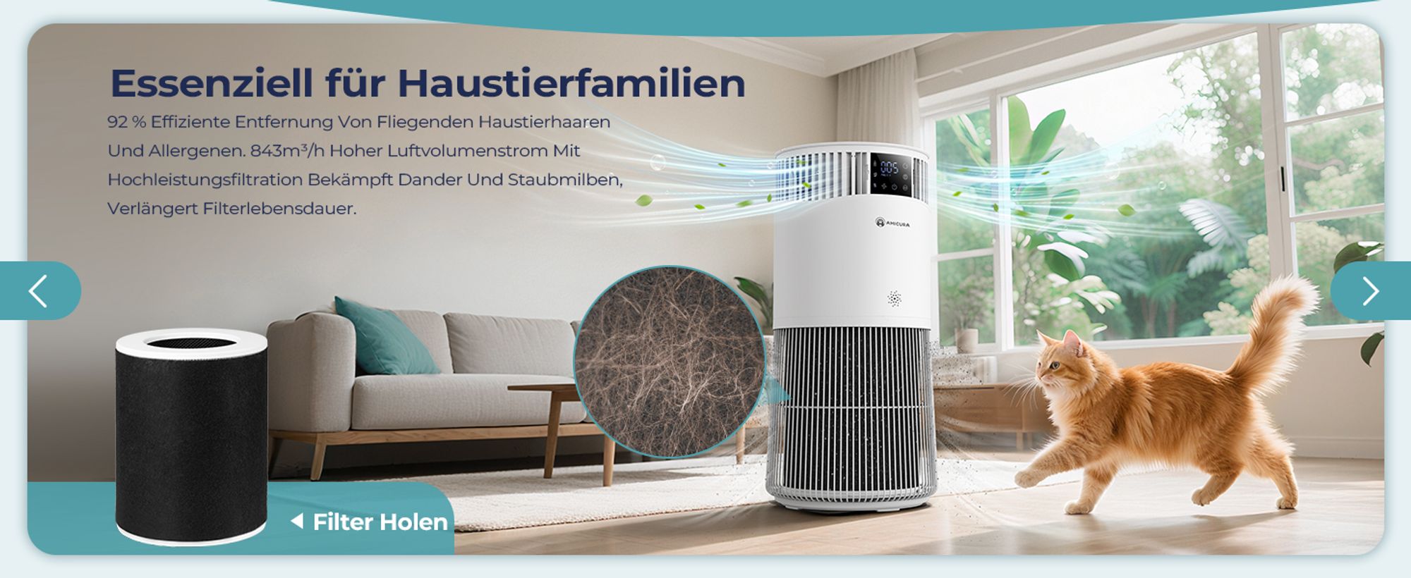 Amicura P2 Luftreiniger für Haustierallergiker, 843m³/h Tierhaarentfernung, 450 CADR - 99% Geruchsneutralisation, H13 Filter, App-Steuerung