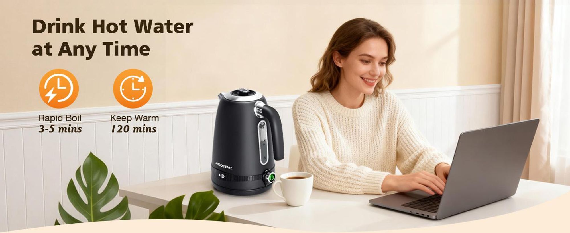 Aigostar - 1,7 Liter 2200W Digitaler Edelstahl Wasserkocher mit Temperatureinstellung 40-100℃, Schwarz