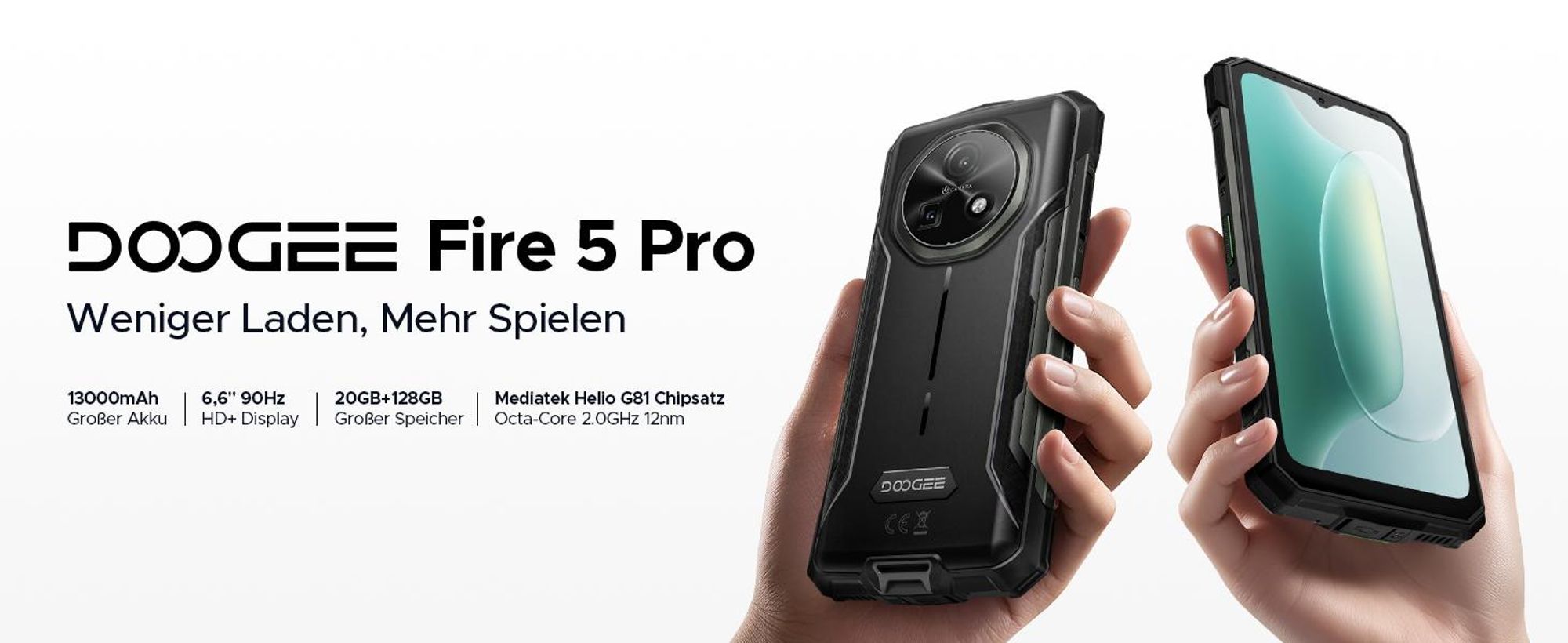 DOOGEE Fire 5 Pro Outdoor Smartphone Handy, Android 15, 4G, IP68/IP69K, 6,6" 90Hz, 13000mAh, 18W, 20+128GB, 13MP, NFC, Fingerabdruck, ohne Vertrag