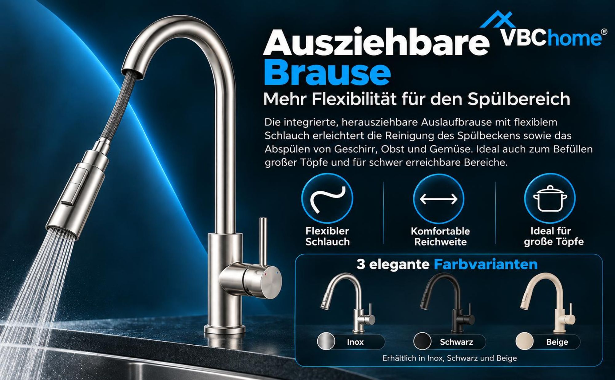 VBChome Küchenarmatur Beige mit ausziehbarer Brause 360° schwenkbar 2 Strahlarten Keramikkartusche Einhebelmischer Höhe 400 mm