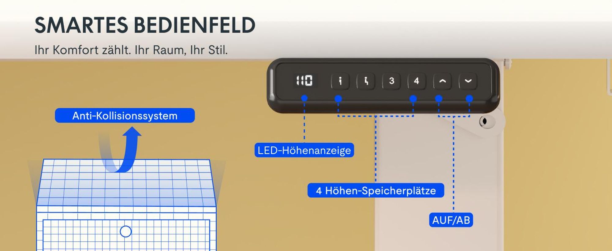 FLEXISPOT QE1 Höhenverstellbarer Schreibtisch 120x60cm EINTEILIGE TISCHPLATTE, 4 Memory-Funktion, Antikollisionsschutz, Haken & Kabelmanagement (Weiß)