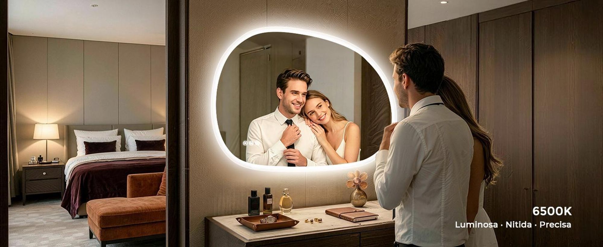 Specchio da bagno illuminato S'AFIELINA, 60x80 cm, specchio LED asimmetrico, senza cornice, 3 tonalità di luce, dimmerabile, antiappannamento, funzione di memoria