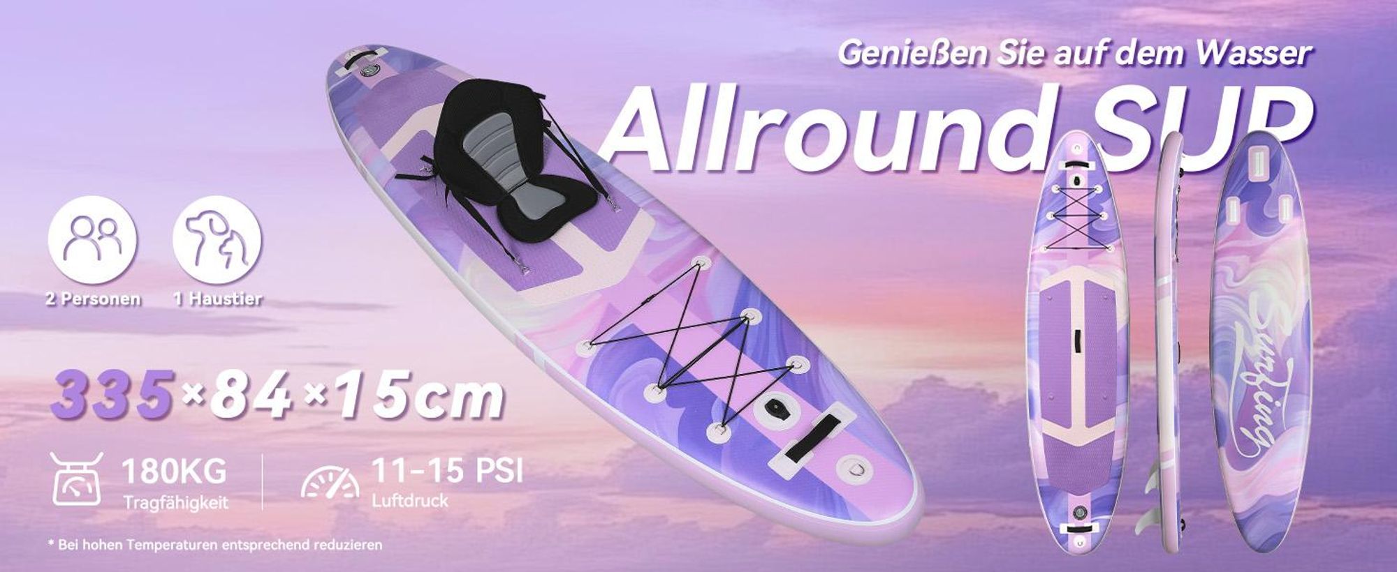 Puluomis SUP Board mit Sitz 335cm, Stand Up Paddle Boards Set, Paddling Paddelboard Surfbrett Aufblasbar, Pumpe Tragetasche, MB. bis 150Kg Lila Rosa