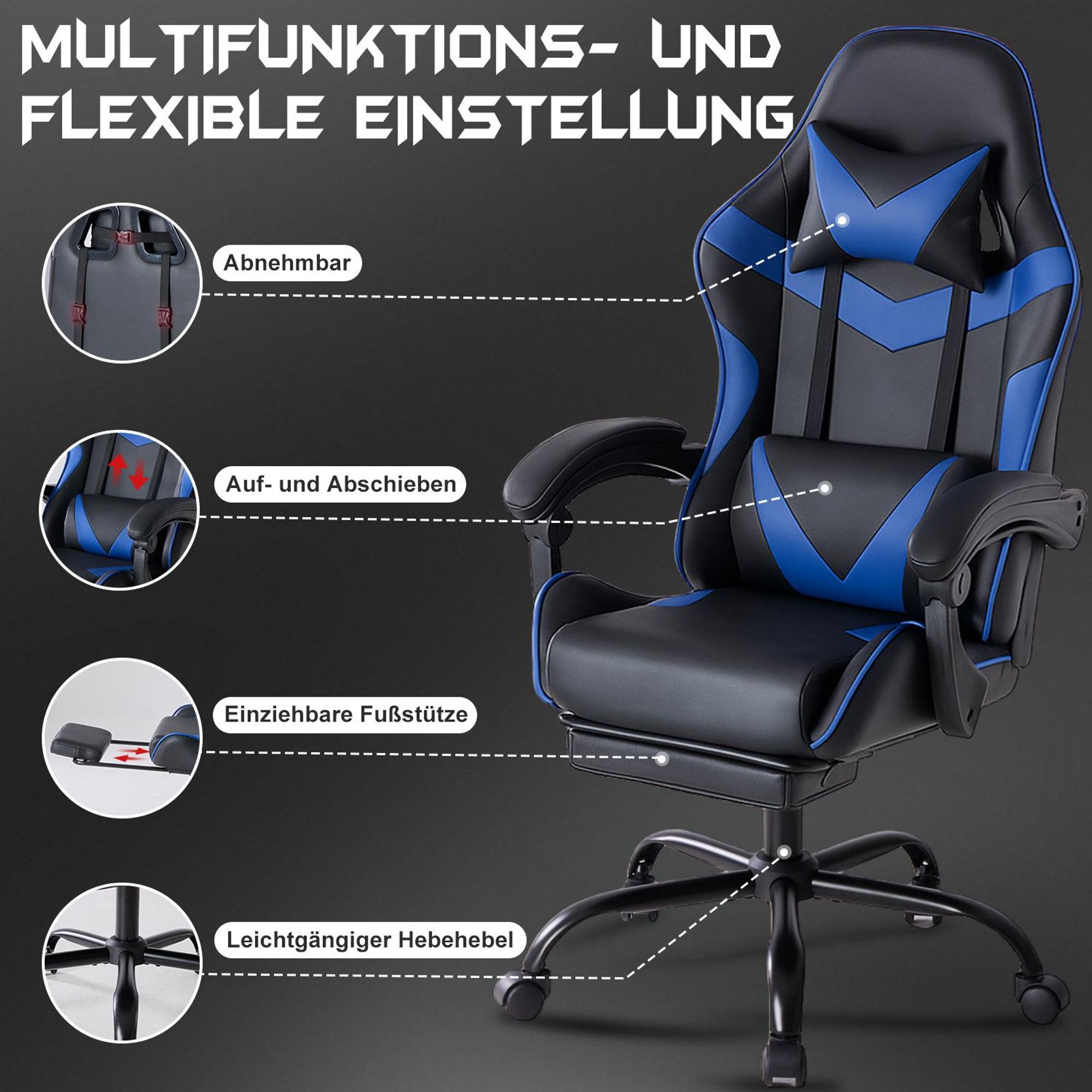 Gaming Stuhl, Chair Gamer Sessel - Ergonomischer Gamer Stuhl mit Fußstütze Kopfstütze und Lordosenstütz Höhenverstellbar Gepolstert Gamingstuhl 150 Kg