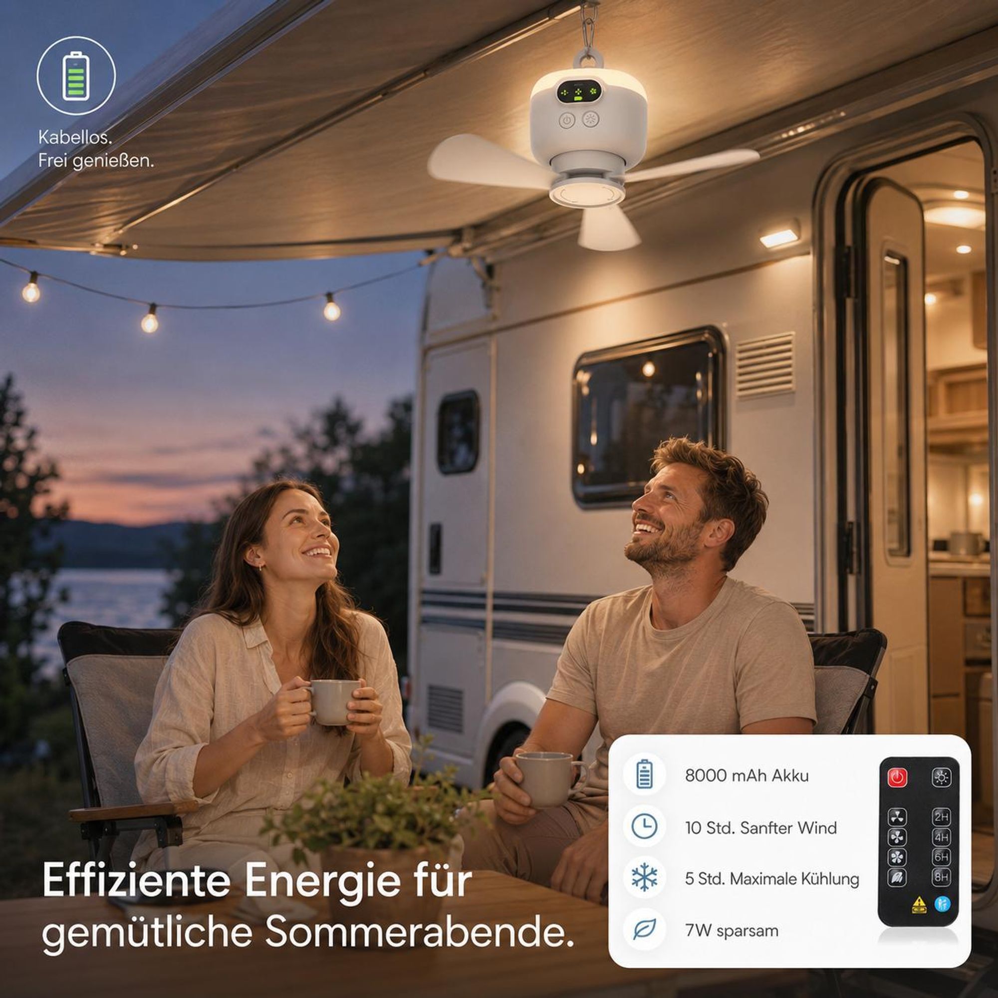 Ø27cm Mobiler Akku Deckenventilator mit Licht 8000mAh USB-C Ventilator 4 Stufen & Timer Tragbarer Zeltventilator für Camping RV Outdoor & Wohnmobil
