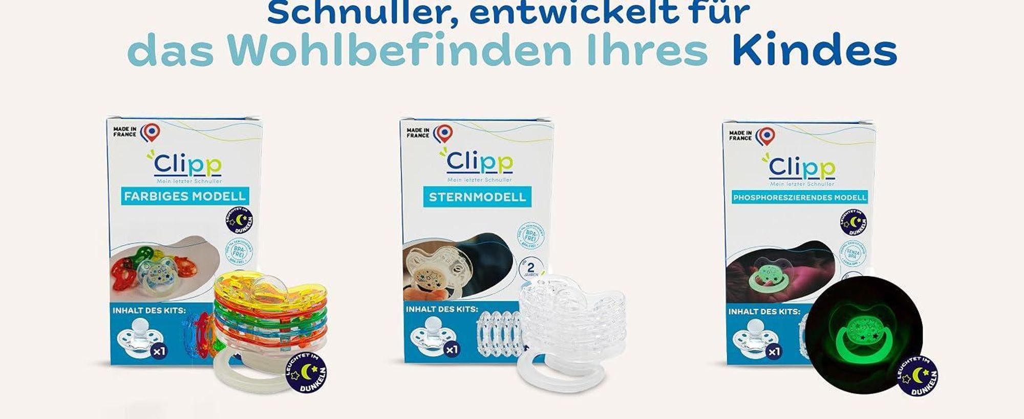 CLIPP Set – Entwöhnungsschnuller Leuchteffekt + 5 Entwöhnungsschilde zur schrittweisen Abgewöhnung + Gebrauchsanweisung - Ab 2 Jahren