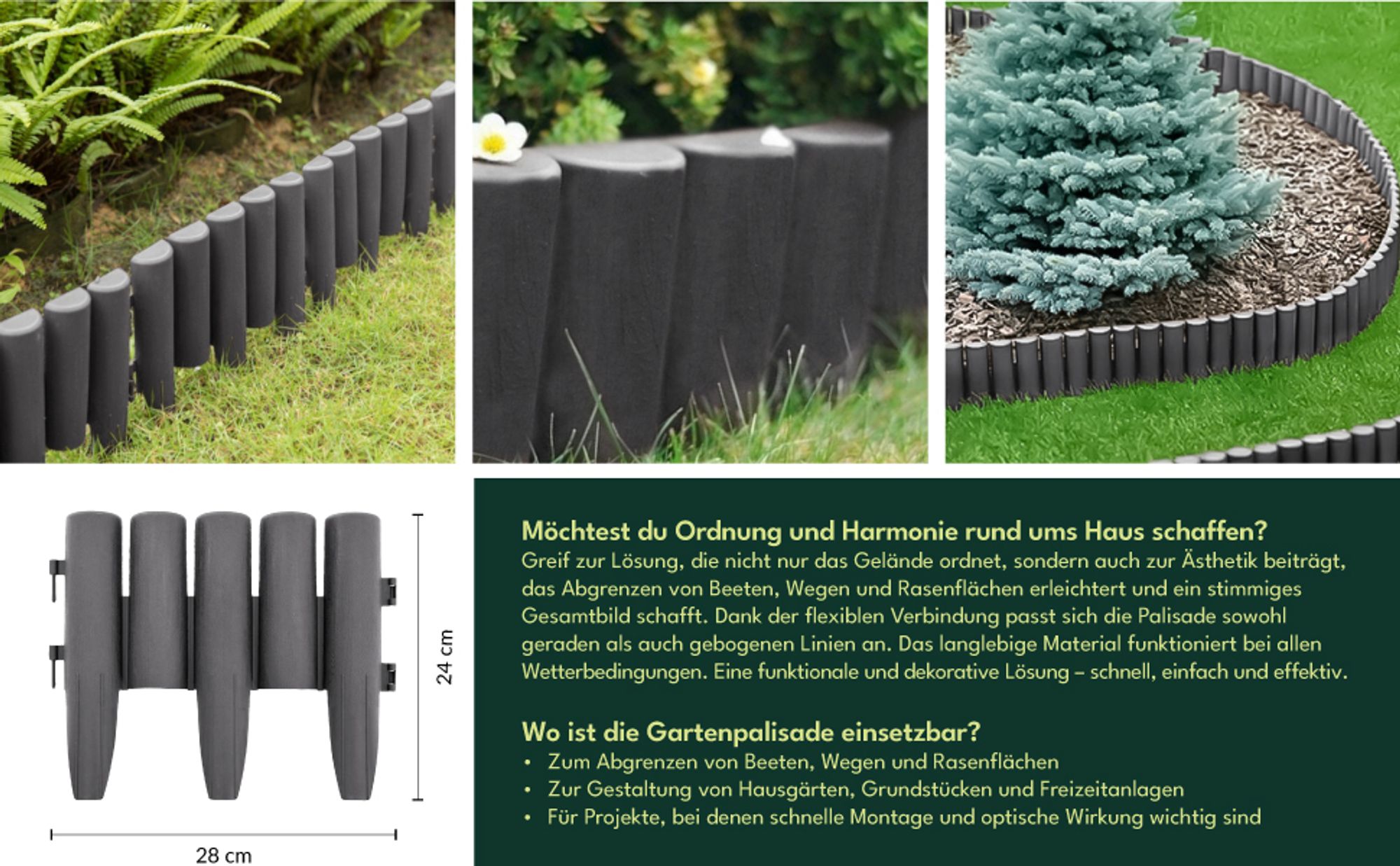 KRUMAD Rasenkante Kunststoff Holzoptik 10 Stück Set 2,8 Meter Höhe 24 cm Beeteinfassung Garten Flexible Beetumrandung Witterungsbeständig Anthrazit