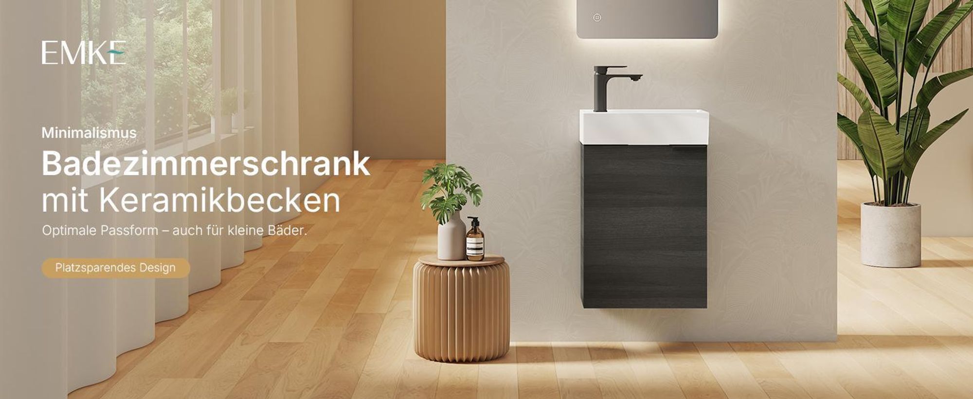 EMKE Waschtisch-Set Waschtischunterschrank mit Keramikbecken 417×240×646 mm wandhängend, Soft-Close, Holzgrau