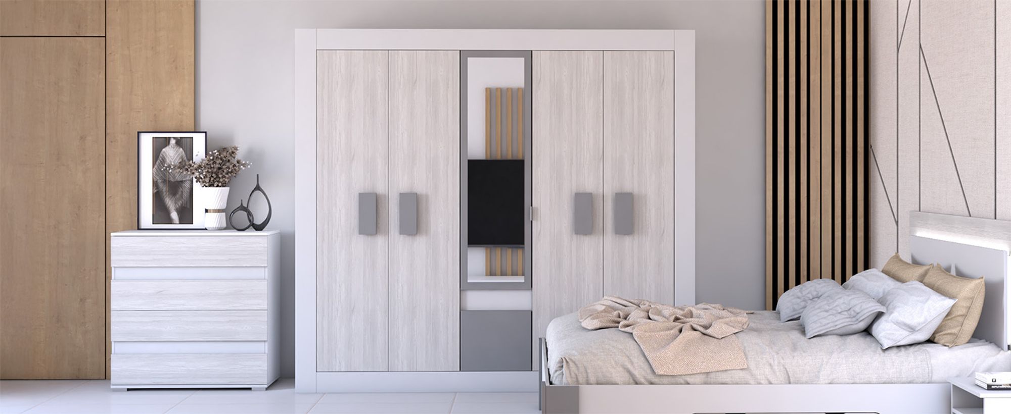 Drehtürenschrank Schrank Kleiderschrank 230 cm Weiss/Kathult mit Spiegel Schublade und fünf Drehtüren Helios