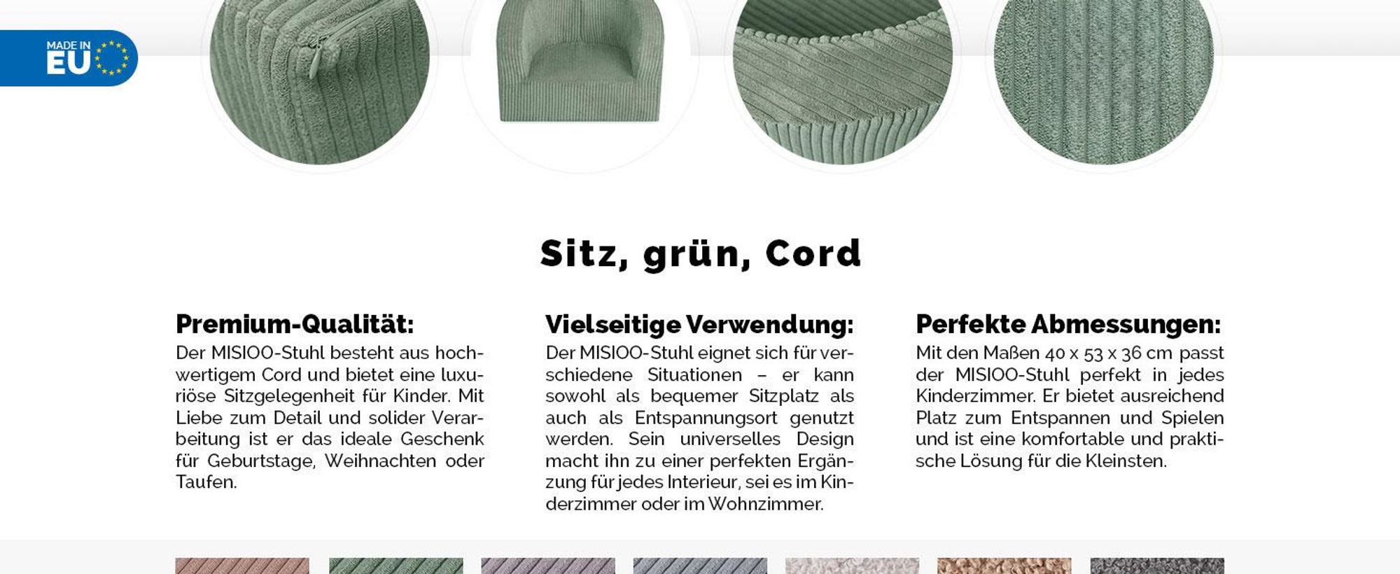 MISIOO Kindersessel Ab 1 Jahr – Corduroy Premium Sessel Kinder - Stabil Und Weich - Ergonomisch Gepolstert - 40x53x36 cm