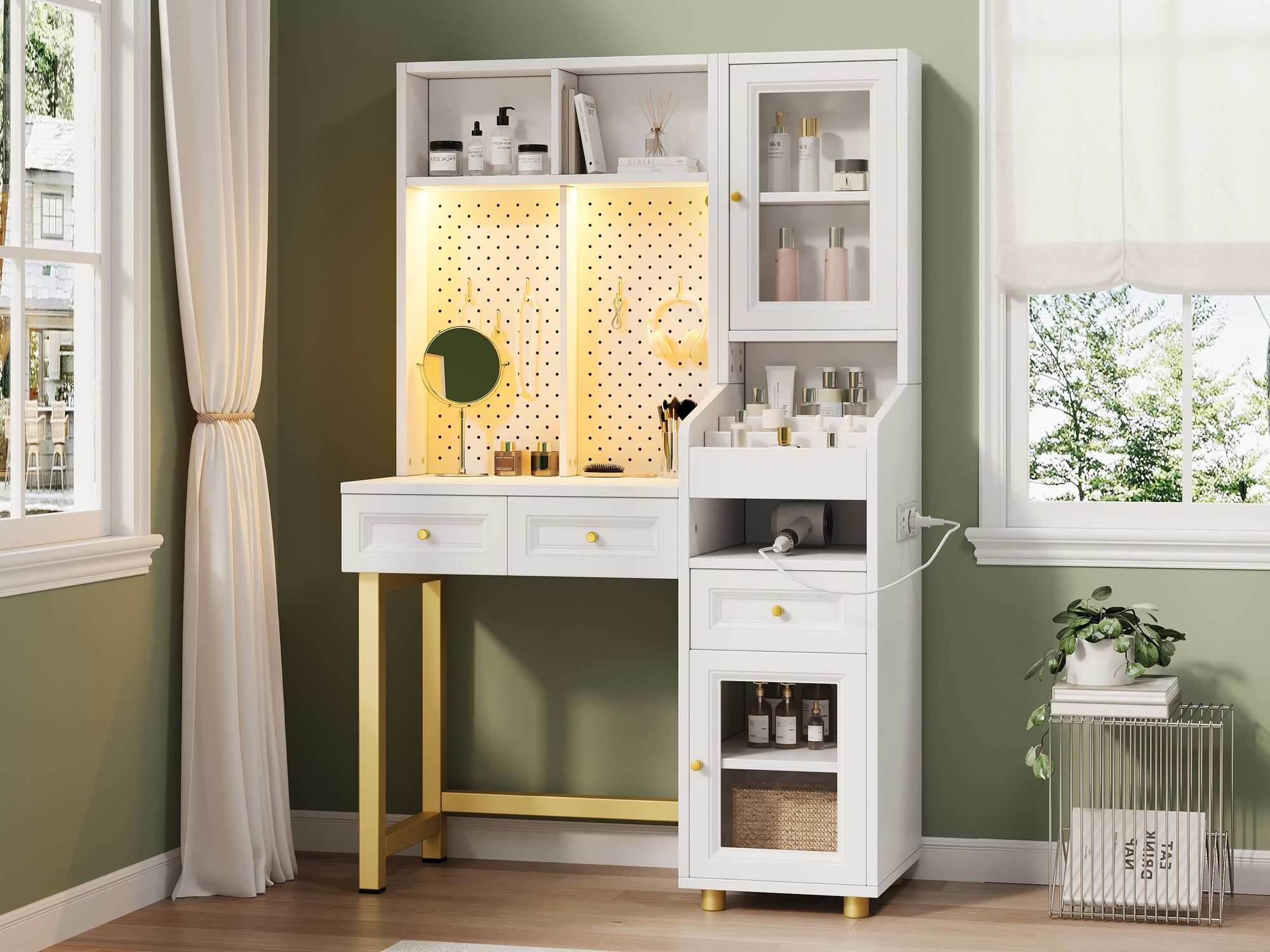 Merax Schminktisch mit LED, 3 Schubladen, Glasvitrine, Steckdosen & USB, Lochwand Organizer, Schreibtisch Kombination, Schminkkommode, Weiß