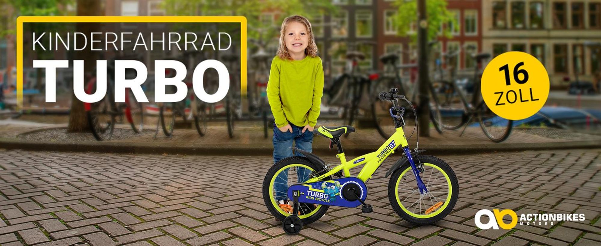 Actionbikes Kinderfahrrad Turbo 16 Zoll | Kinder Fahrrad für Jungen & Mädchen - Bicycle - V-Brake Bremsen - Kettenschutz - 4-7 Jahre (Gelb/Blau)