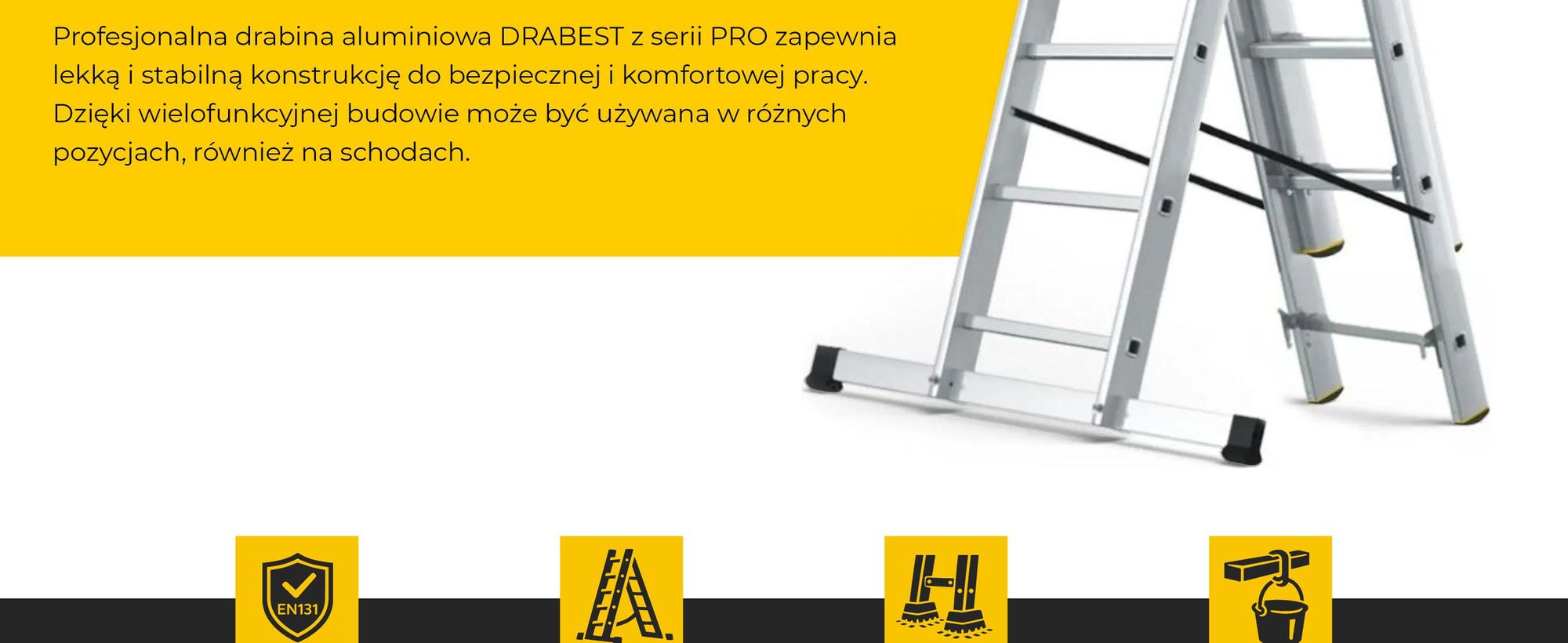DRABEST | Drabina aluminiowa seria PRO - wielofunkcyjna - 3-częściowa - przemysłowa - 3 x 6 stopni - udźwig 150 kg - wysokość robocza 4,43 m