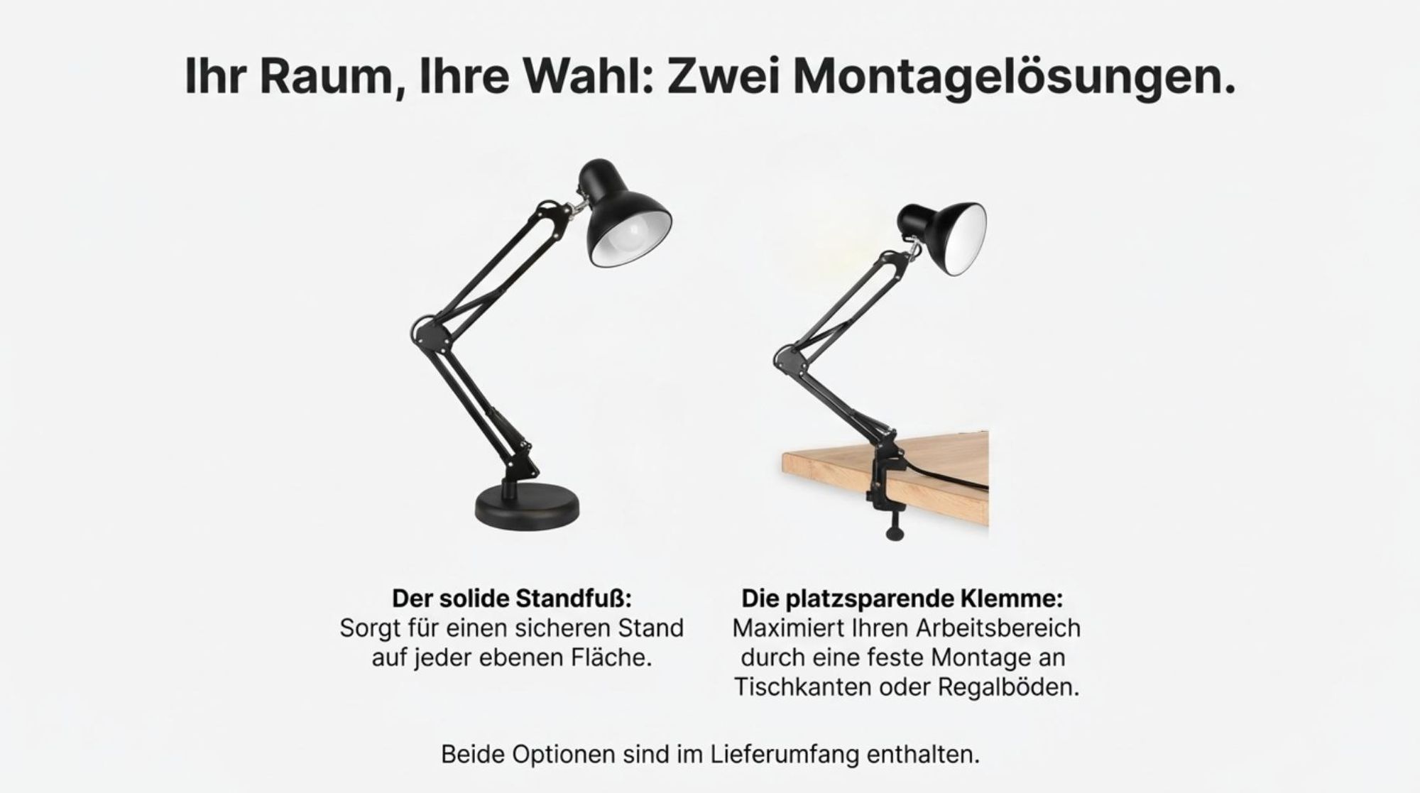 MasterLED Schreibtischlampe E27 8W 2700K Schwarz, Gelenkarm Verstellbar, mit Klemme