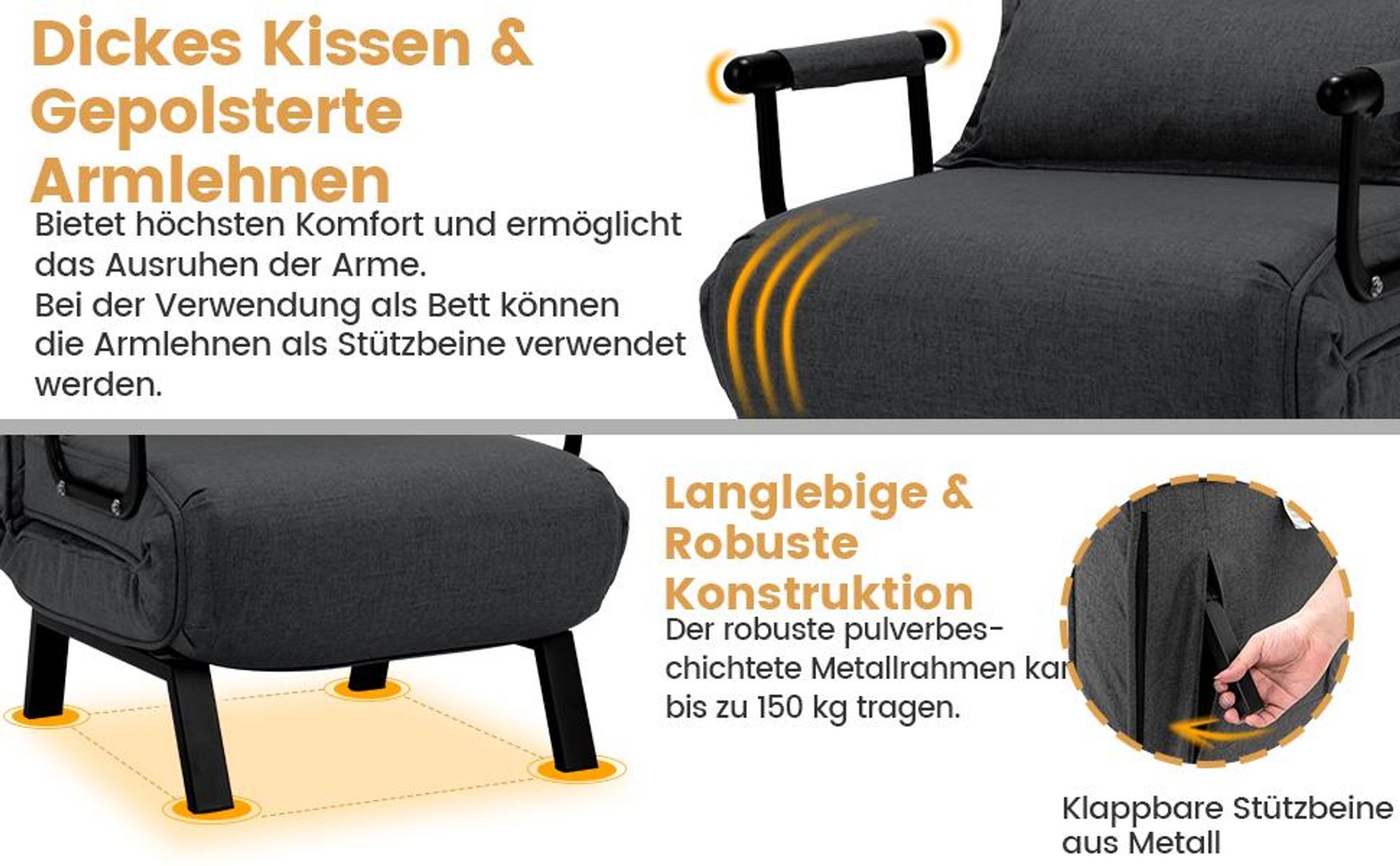 COSTWAY Schlafsessel mit Bettfunktion, Schlafsofa mit 5 stufig Rückenlehne & Kissen, bis 180 kg belastbar, klappbares Sofabett für Zuhause, Büro, Blau