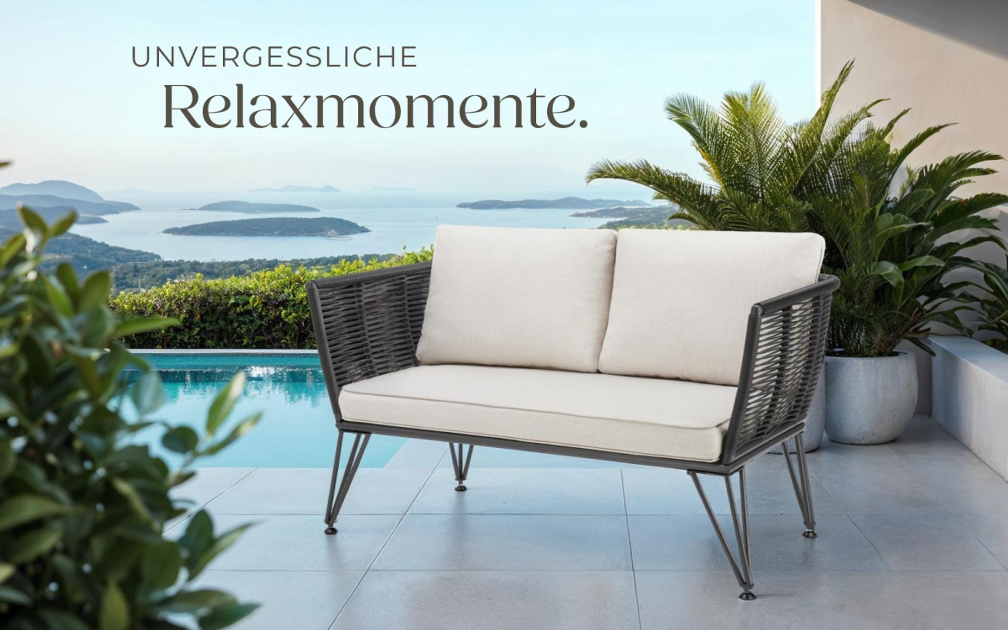 tectake® Garten-Loungesofa Sundo im Rope-Design mit Polyrattan